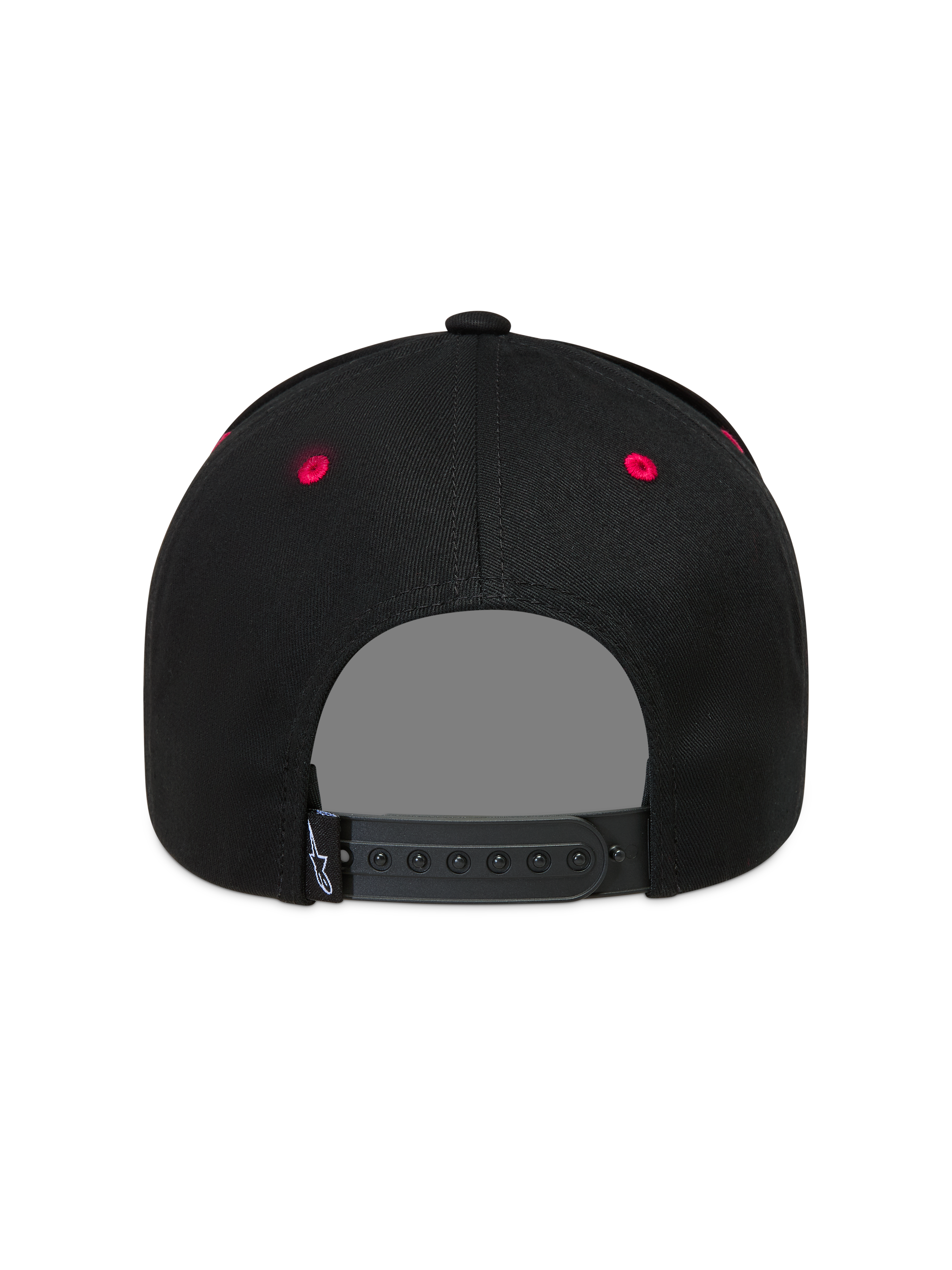 Alpinestars Retro Snapback Kappe, schwarze Sportswear-Mütze, Rückansicht mit verstellbarem Verschluss und roten Ösen.