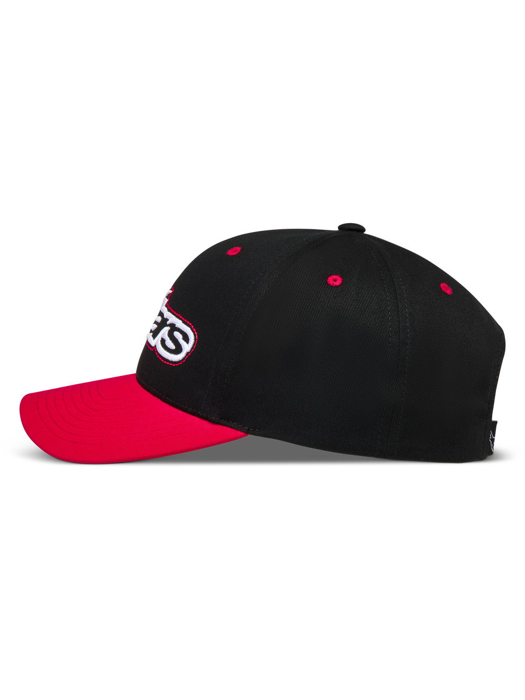 Alpinestars Retro Snapback Kappe, schwarz-rote Sportswear-Kappe mit gebogenem Schirm und strukturierter Twill-Krone.