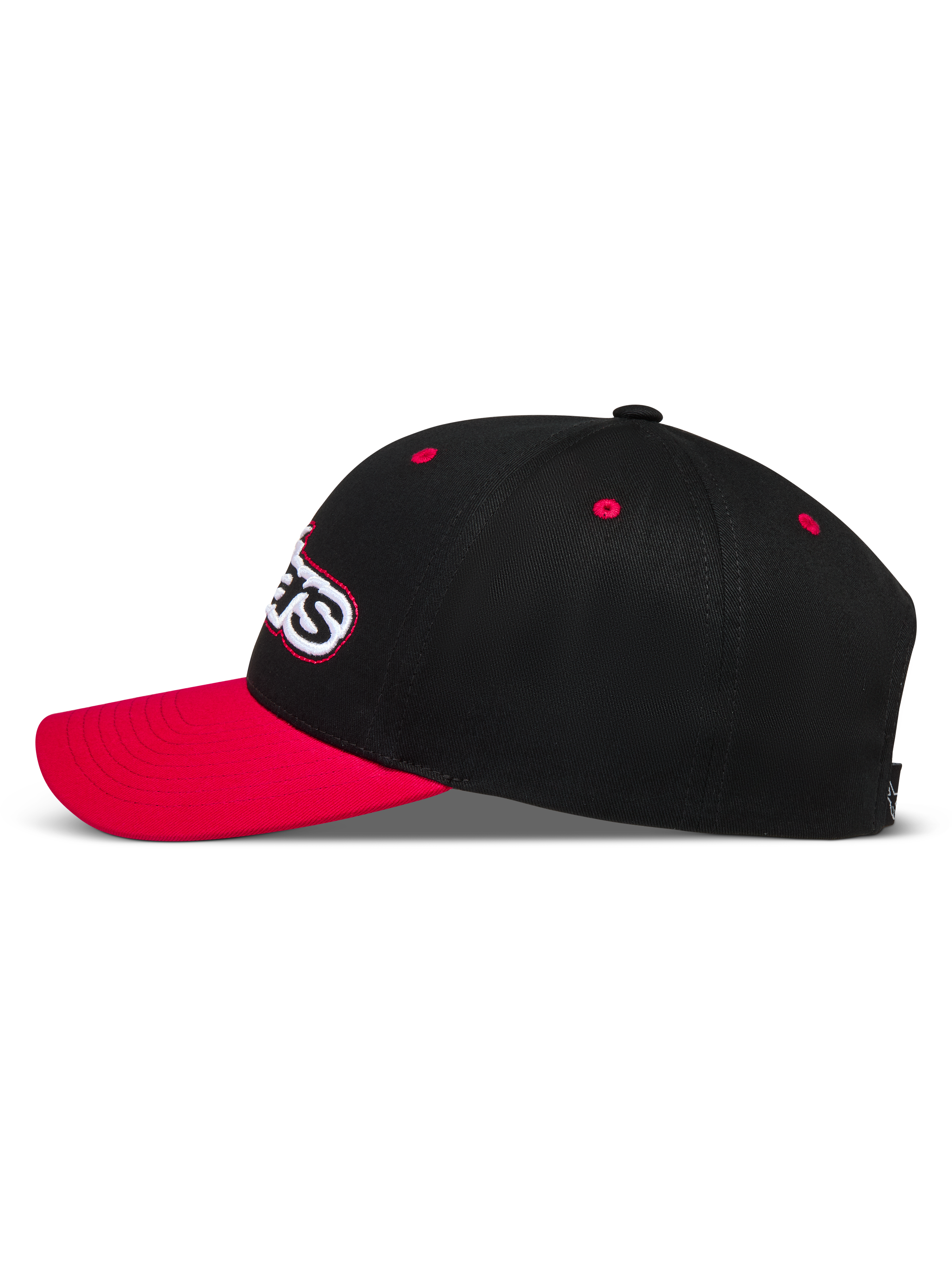 Alpinestars Retro Snapback Kappe, schwarz-rote Sportswear-Kappe mit gebogenem Schirm und strukturierter Twill-Krone.