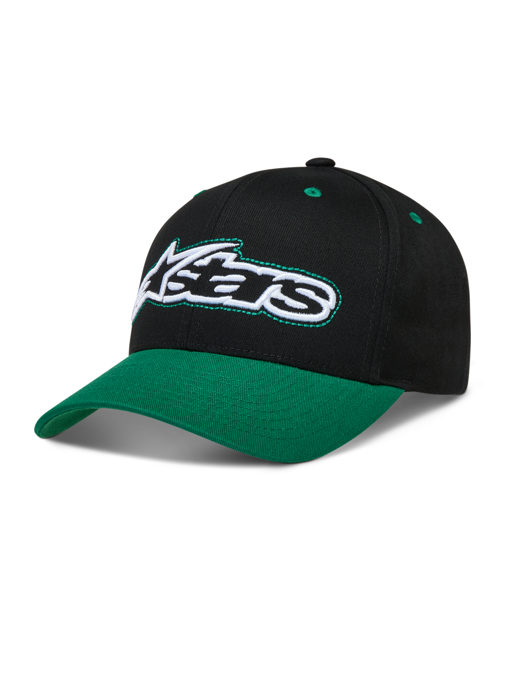Alpinestars Retro Snapback Kappe, Sportswear-Mütze in Schwarz und Grün mit gebogenem Schirm und gesticktem Astars-Logo.