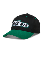 Alpinestars Retro Snapback Kappe, Sportswear-Mütze in Schwarz und Grün mit gebogenem Schirm und gesticktem Astars-Logo.