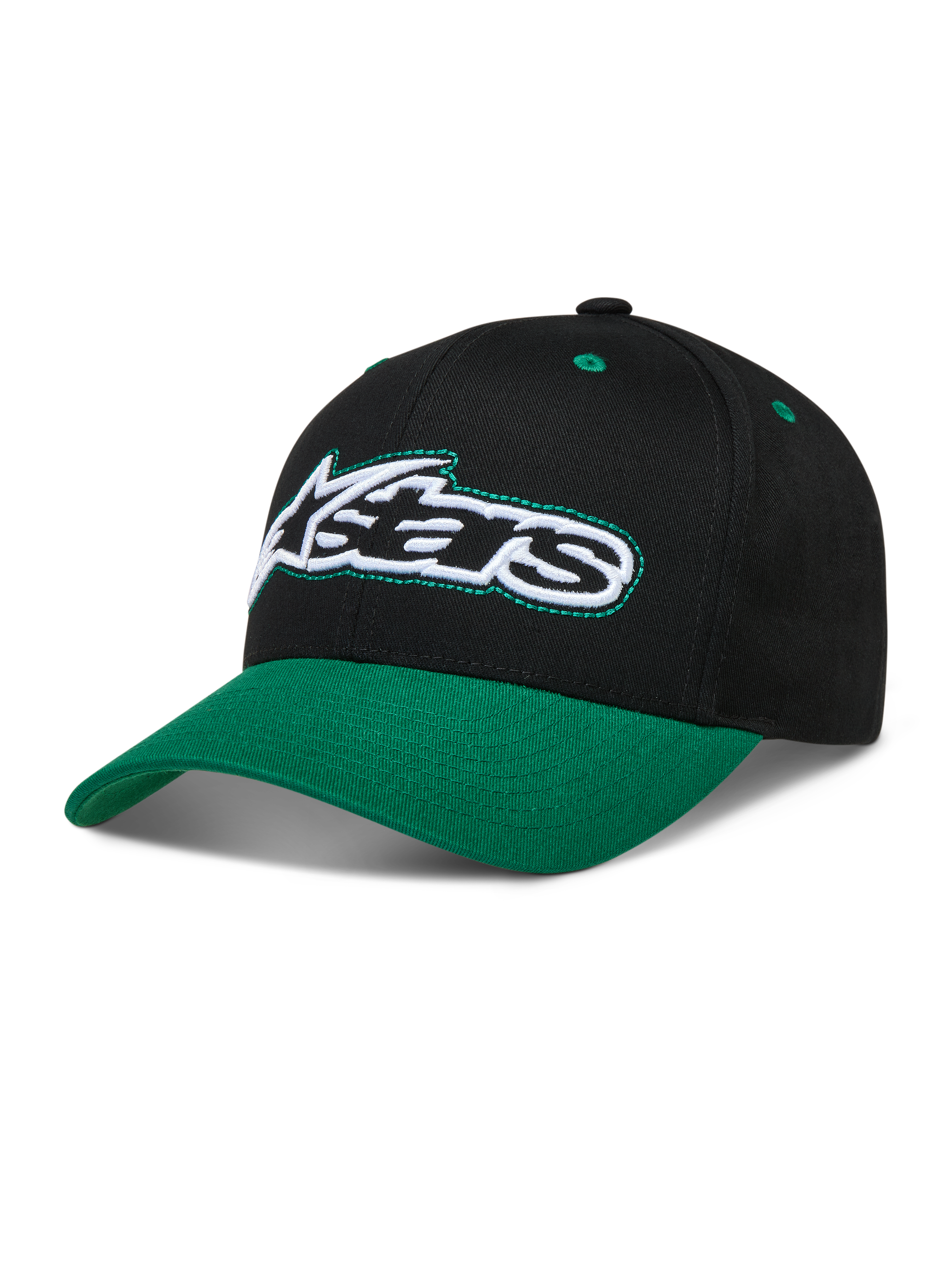 Alpinestars Retro Snapback Kappe, Sportswear-Mütze in Schwarz und Grün mit gebogenem Schirm und gesticktem Astars-Logo.