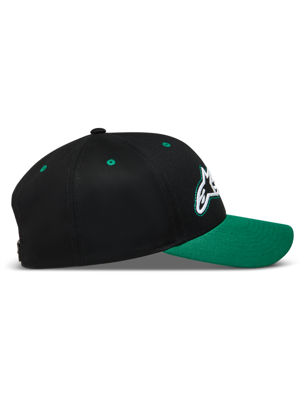 Alpinestars Retro Snapback Kappe, Sportswear Baseballkappe in Schwarz und Grün, gebogener Schirm und strukturierte Krone.
