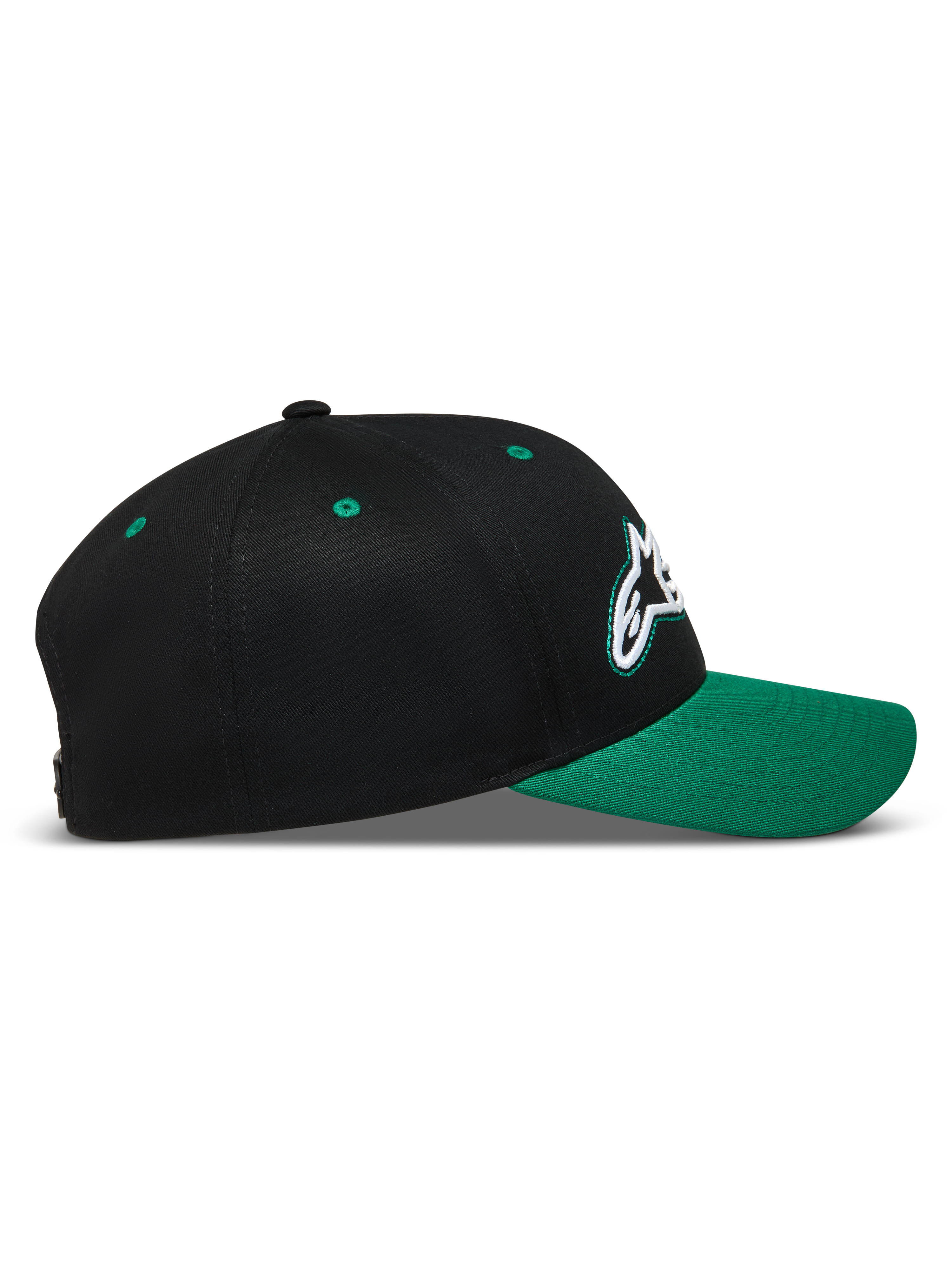 Alpinestars Retro Snapback Kappe, Sportswear Baseballkappe in Schwarz und Grün, gebogener Schirm und strukturierte Krone.