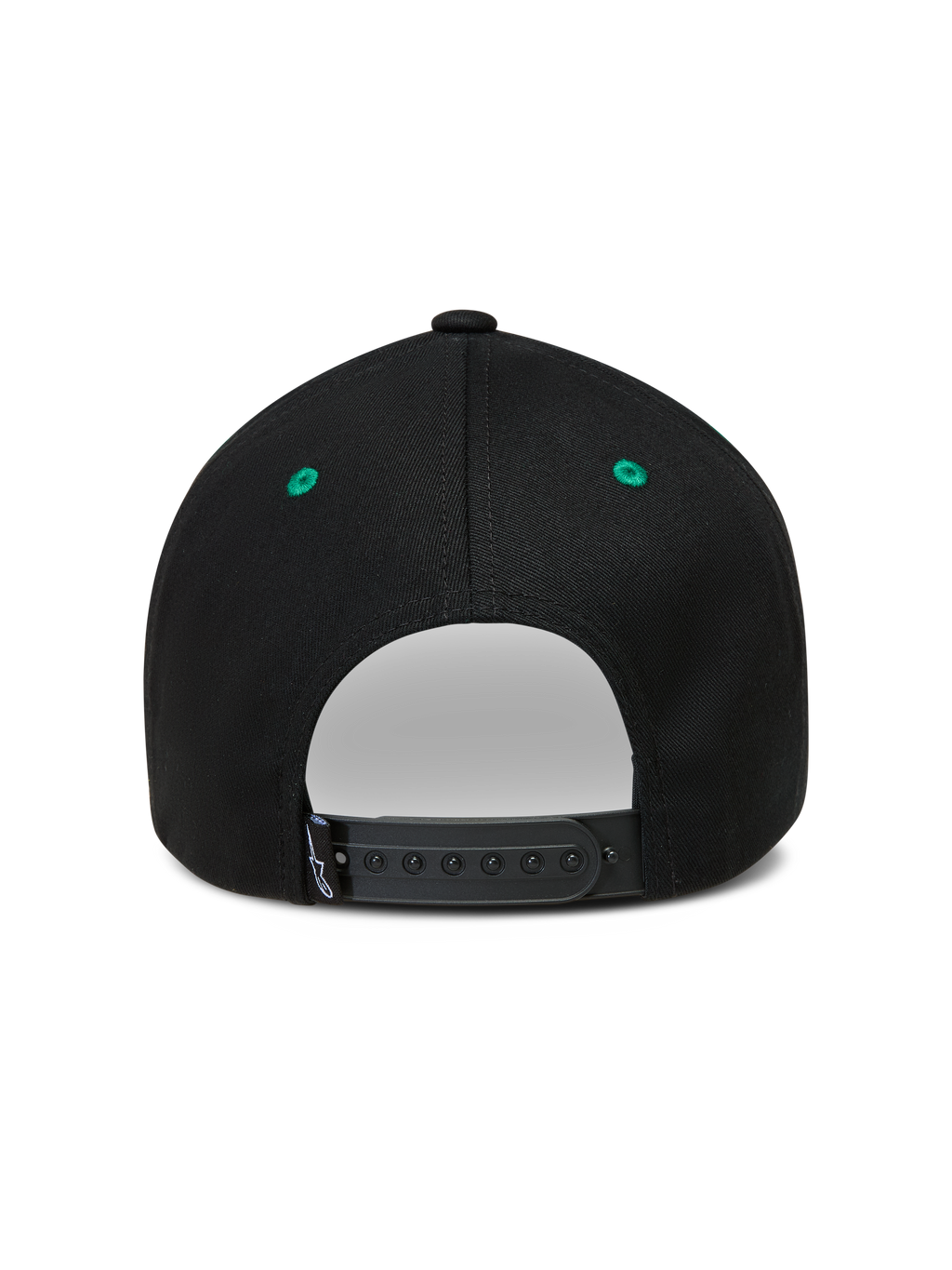 Alpinestars Retro Snapback Kappe, verstellbarer Snapback-Verschluss, Schwarz und Grün, Sportswear-Baseball-Cap, Rückansicht.