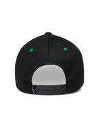 Alpinestars Retro Snapback Kappe, verstellbarer Snapback-Verschluss, Schwarz und Grün, Sportswear-Baseball-Cap, Rückansicht.