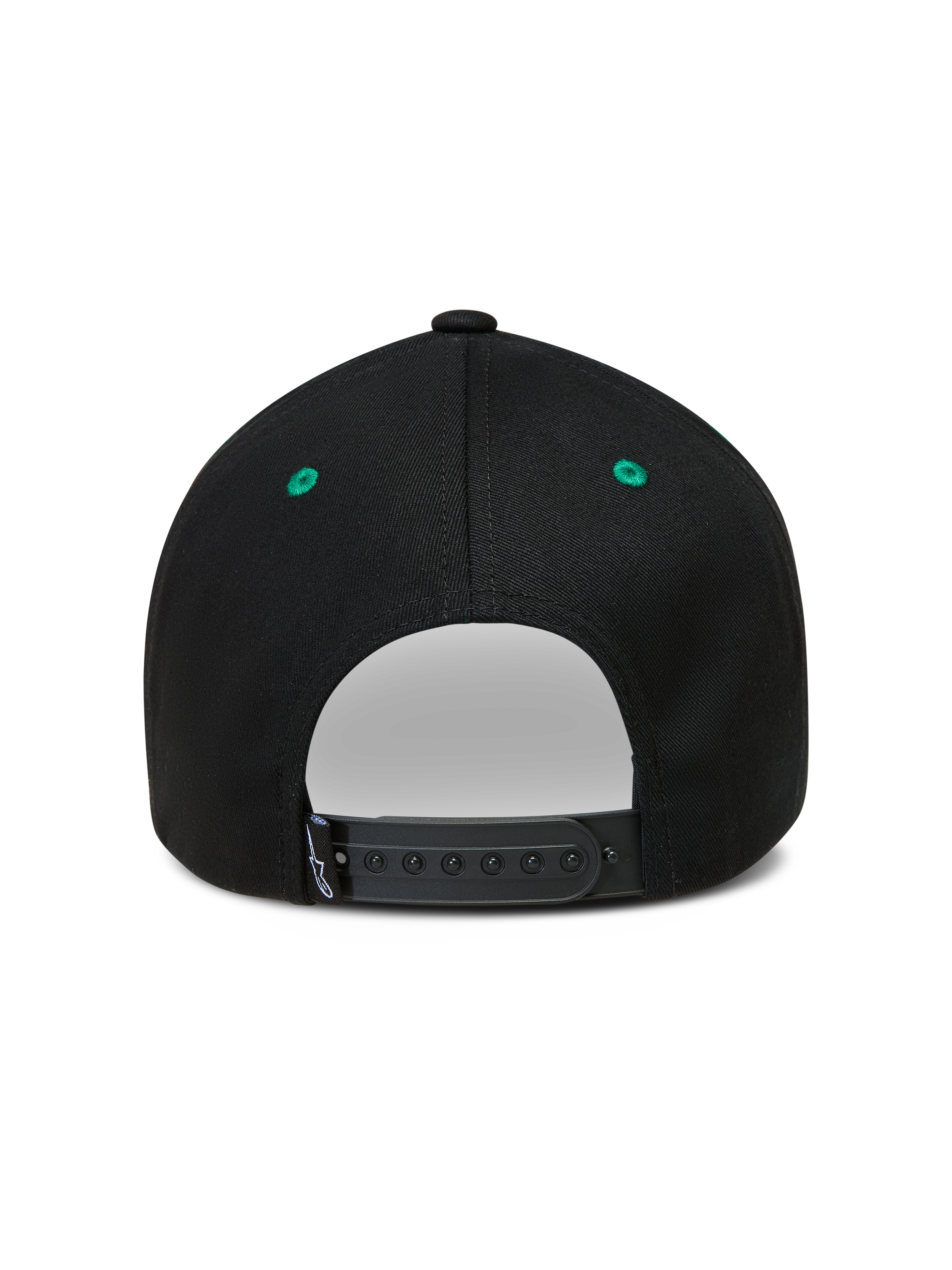 Alpinestars Retro Snapback Kappe, verstellbarer Snapback-Verschluss, Schwarz und Grün, Sportswear-Baseball-Cap, Rückansicht.