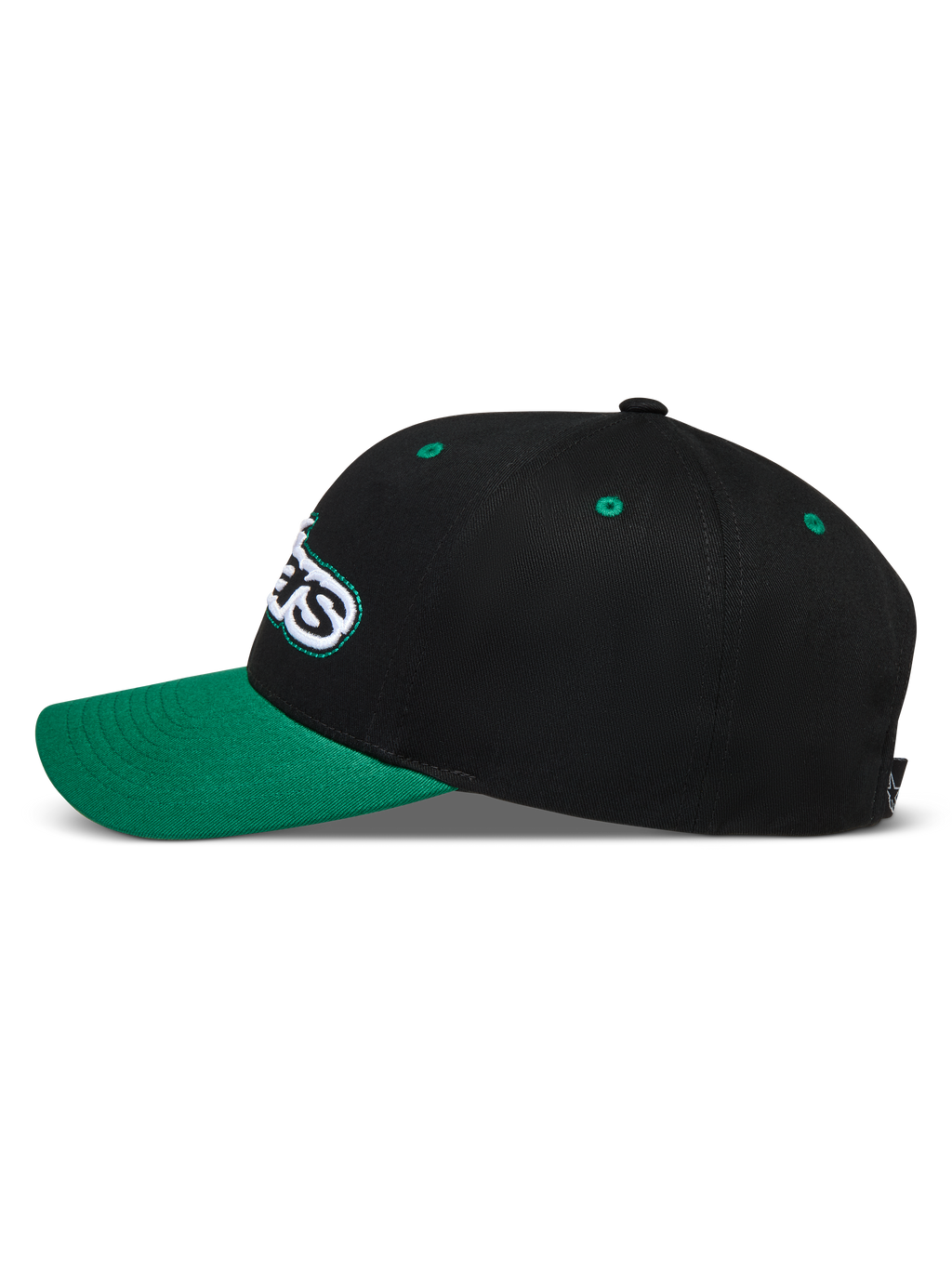 Alpinestars Retro Snapback Kappe, schwarz-grüne Sportswear-Cap, Seitenprofil mit gebogenem Schirm und besticktem Astars-Logo.