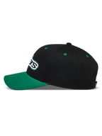 Alpinestars Retro Snapback Kappe, schwarz-grüne Sportswear-Cap, Seitenprofil mit gebogenem Schirm und besticktem Astars-Logo.