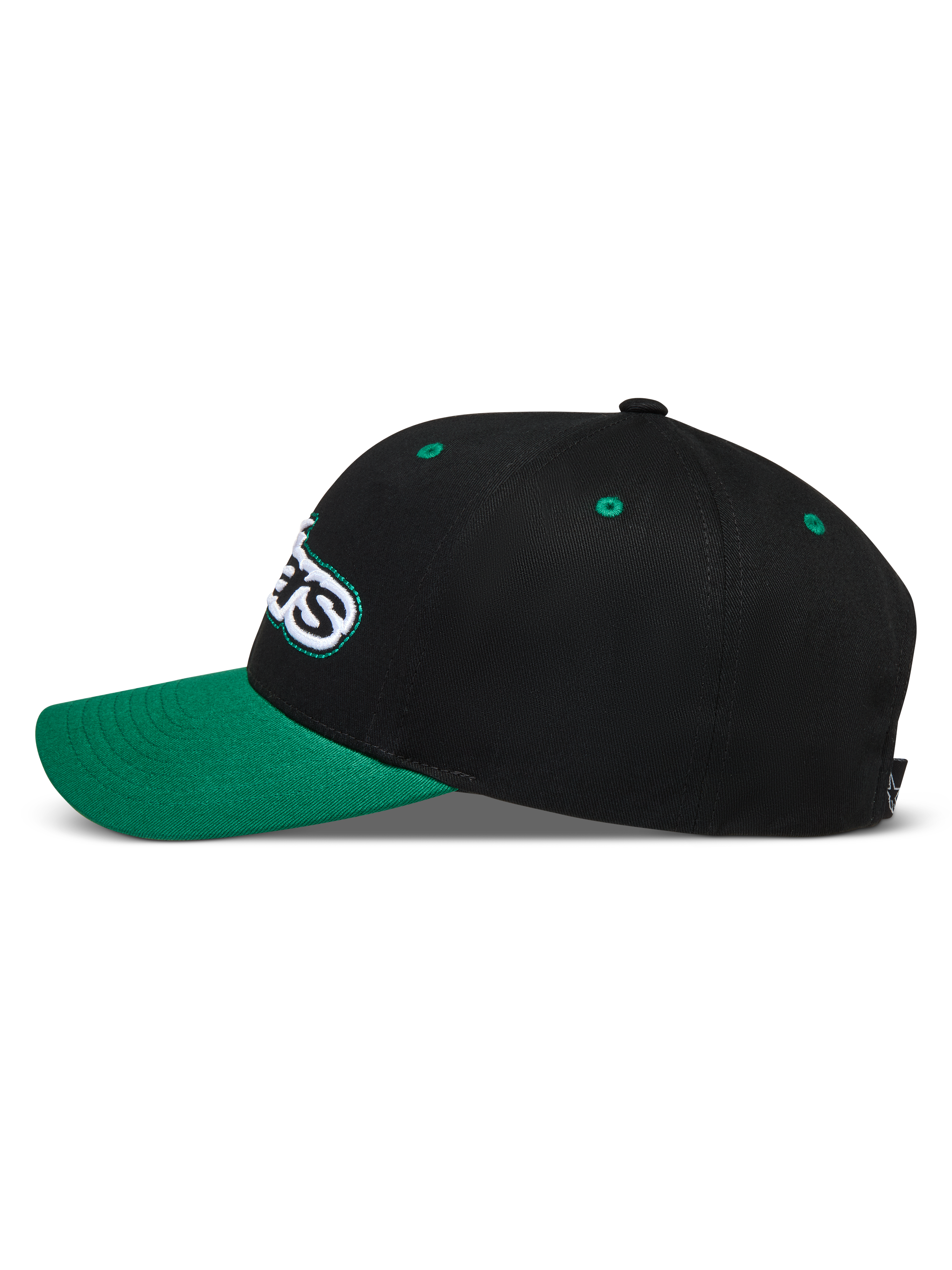 Alpinestars Retro Snapback Kappe, schwarz-grüne Sportswear-Cap, Seitenprofil mit gebogenem Schirm und besticktem Astars-Logo.