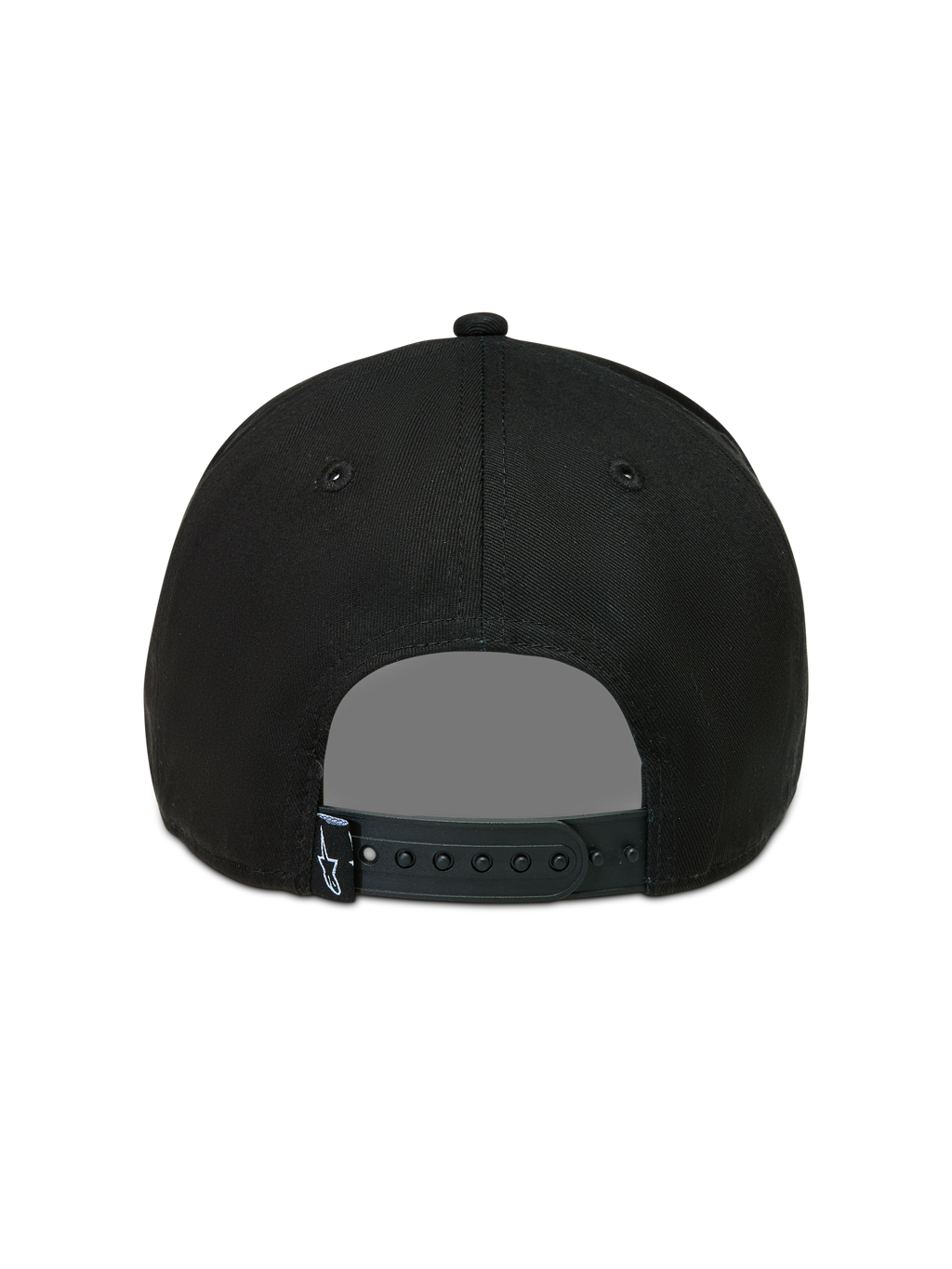 Alpinestars Acme Snapback Kappe, schwarze Sportswear-Kappe, Rückansicht mit verstellbarem Snapback-Verschluss und kleinem Logo-Etikett.