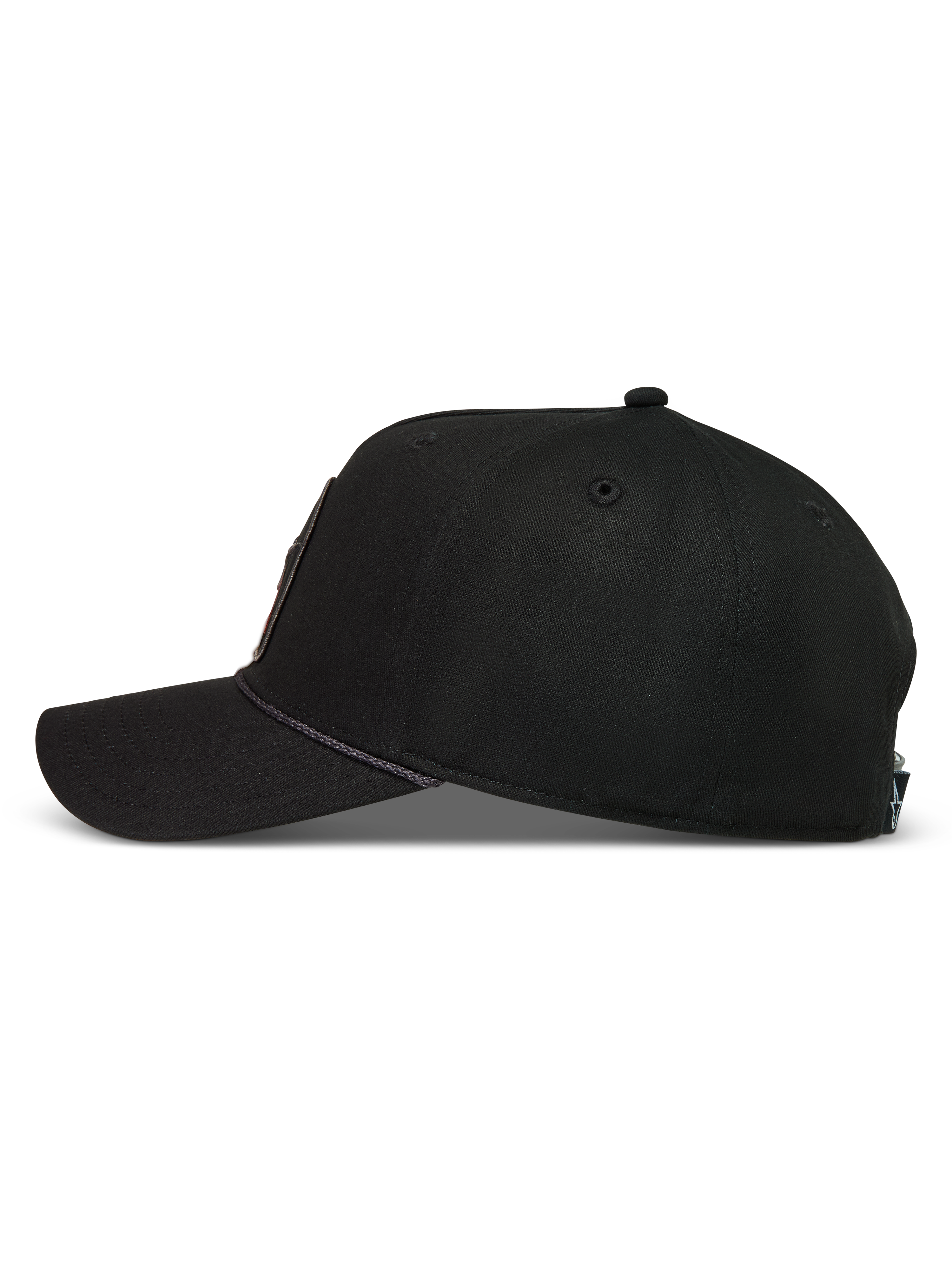 Alpinestars Acme Snapback Kappe, schwarze Sportswear-Kappe aus Twill mit strukturierter Krone, gebogenem Schirm und markantem Seilbesatz.