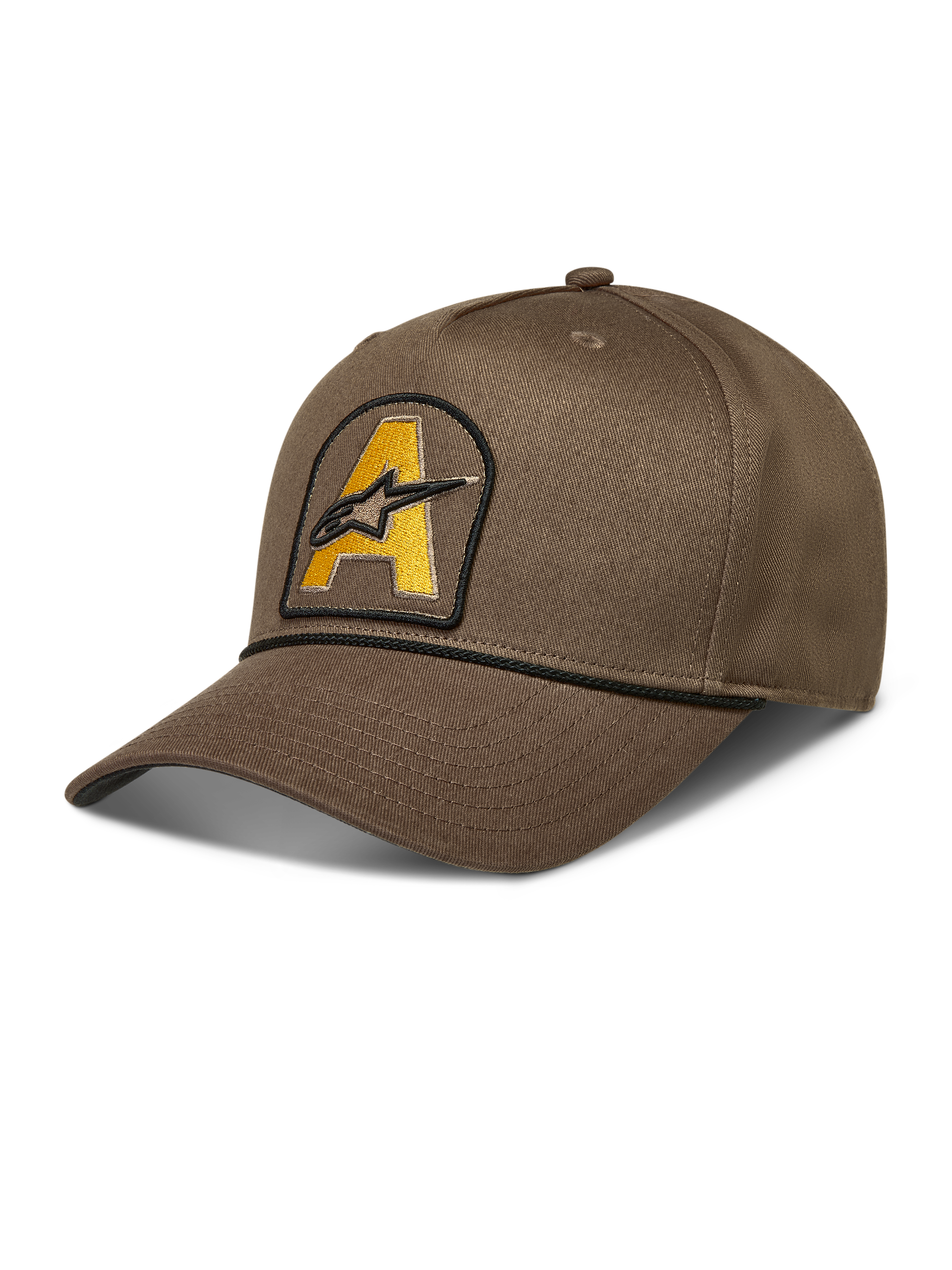 Alpinestars Acme Snapback Kappe, braune Sportswear-Kappe, gebogener Schirm, gelbes Astars-Logo-Patch mit Seilbesatz.