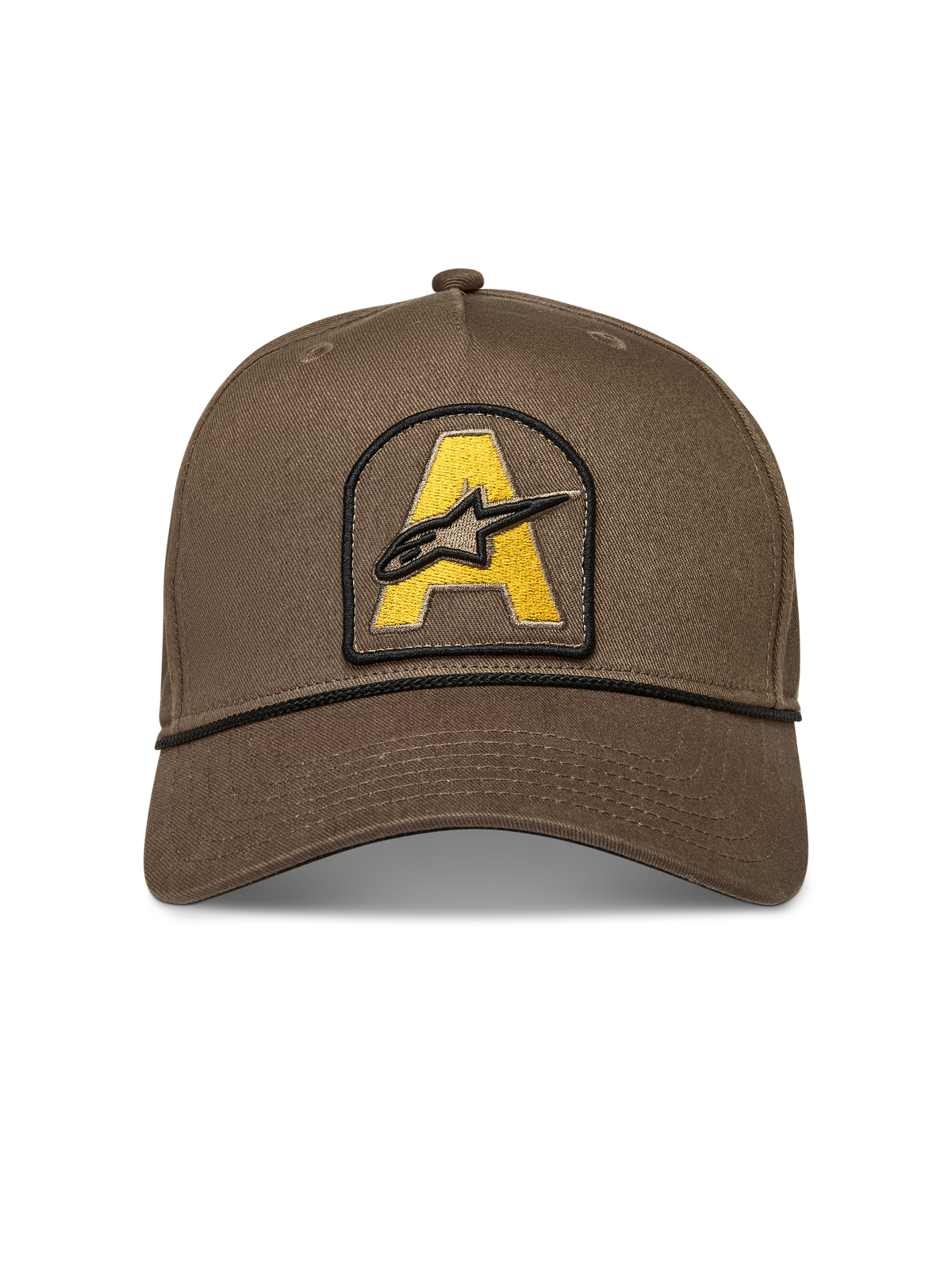 Alpinestars Acme Snapback Kappe, braune Sportswear-Kappe aus Twill mit gelbem Astars-Logo-Patch und schwarzem Kordelbesatz.