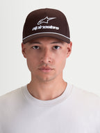 Alpinestars Combo Logo Snapback Hat, Sportswear Curved Bill Cap, Brown and White, Durable Cotton Twill with Embroidered Logo, Casual Motorsport Lifestyle Headwear, On-Model Front View