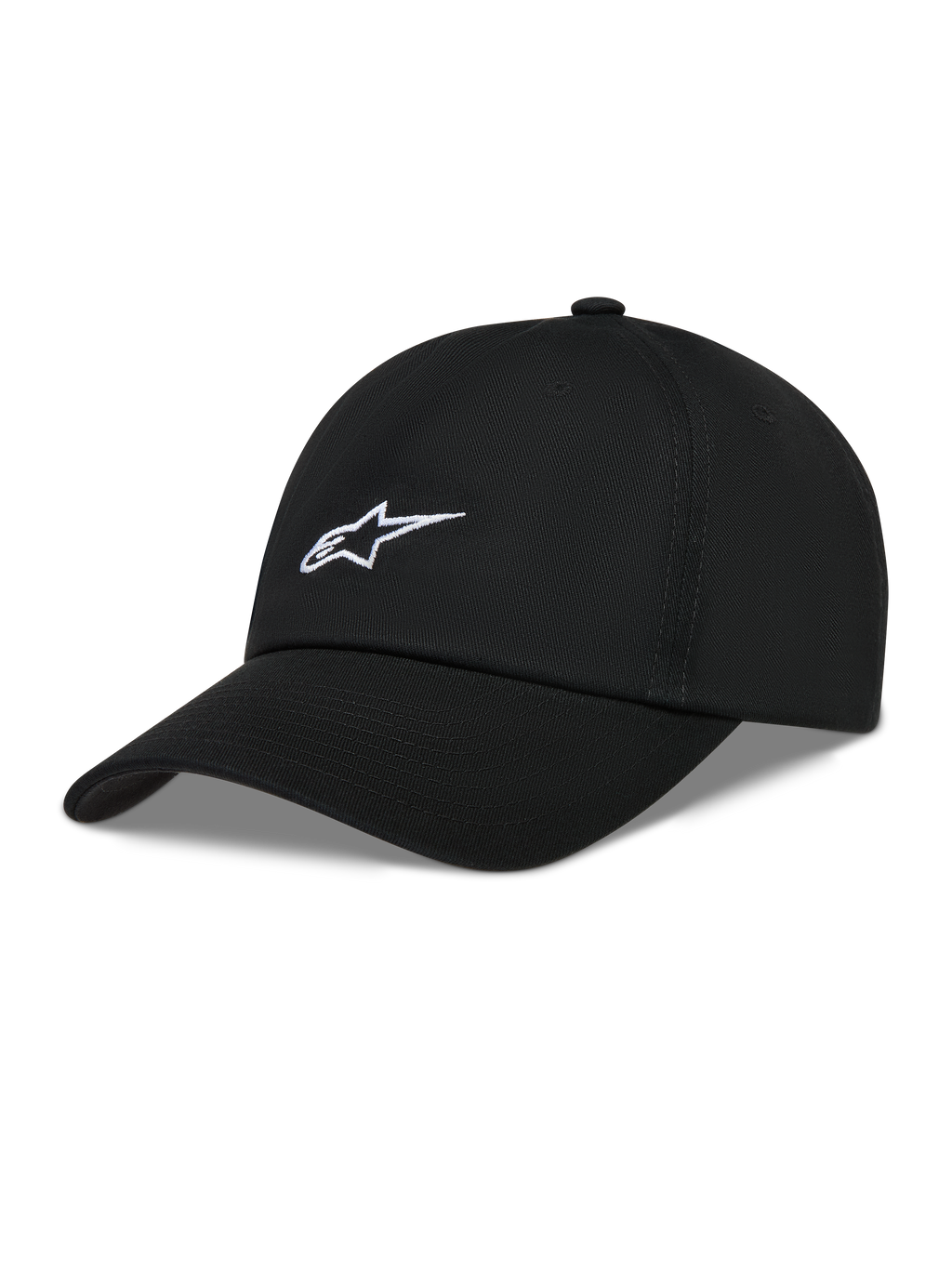 Alpinestars Dylan Dad Kappe, schwarze Twill-Kappe mit weißer Astars-Logo-Stickerei und gebogenem Schirm.