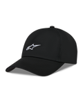 Alpinestars Dylan Dad Kappe, schwarze Twill-Kappe mit weißer Astars-Logo-Stickerei und gebogenem Schirm.