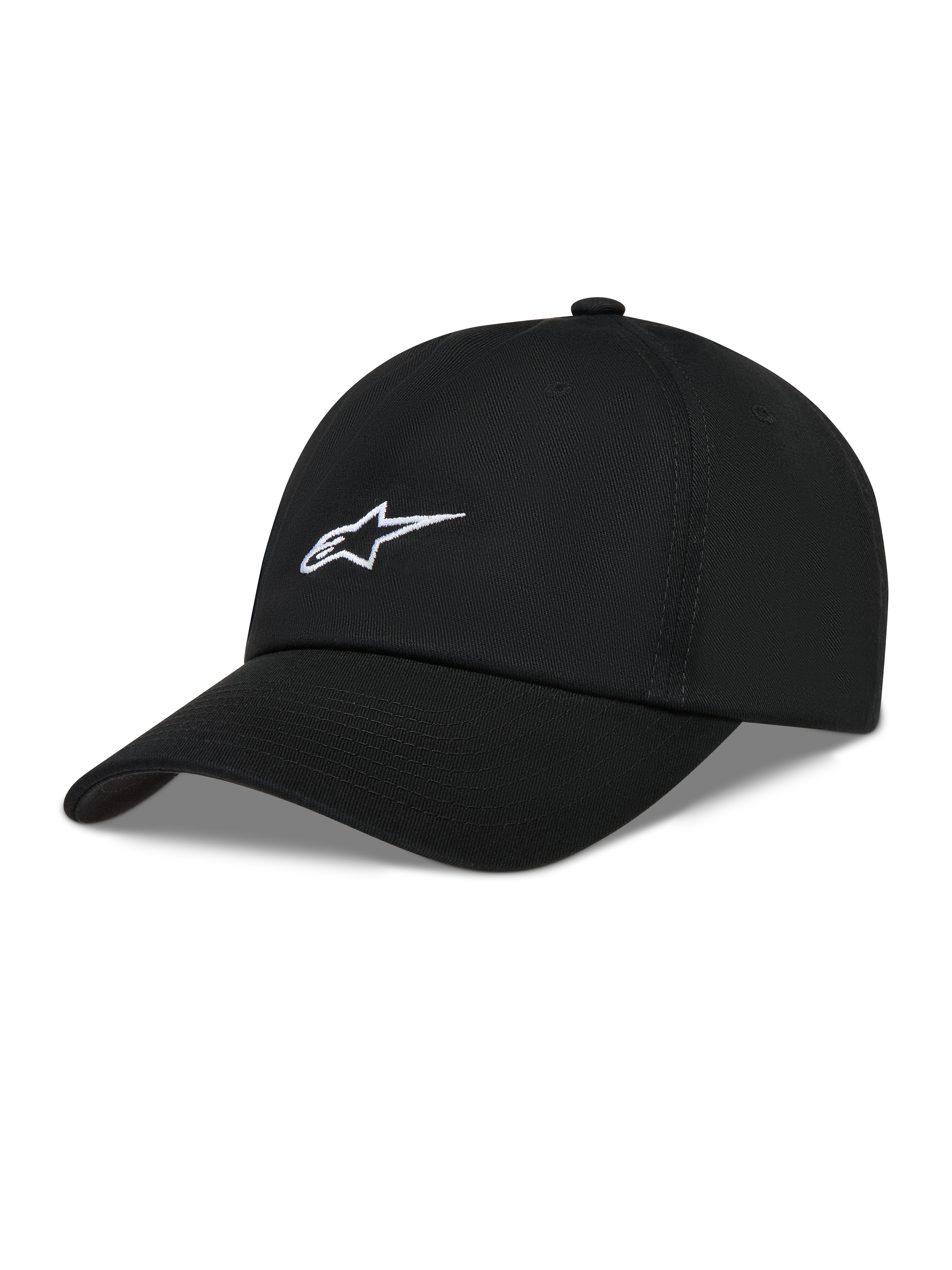 Alpinestars Dylan Dad Kappe, schwarze Twill-Kappe mit weißer Astars-Logo-Stickerei und gebogenem Schirm.