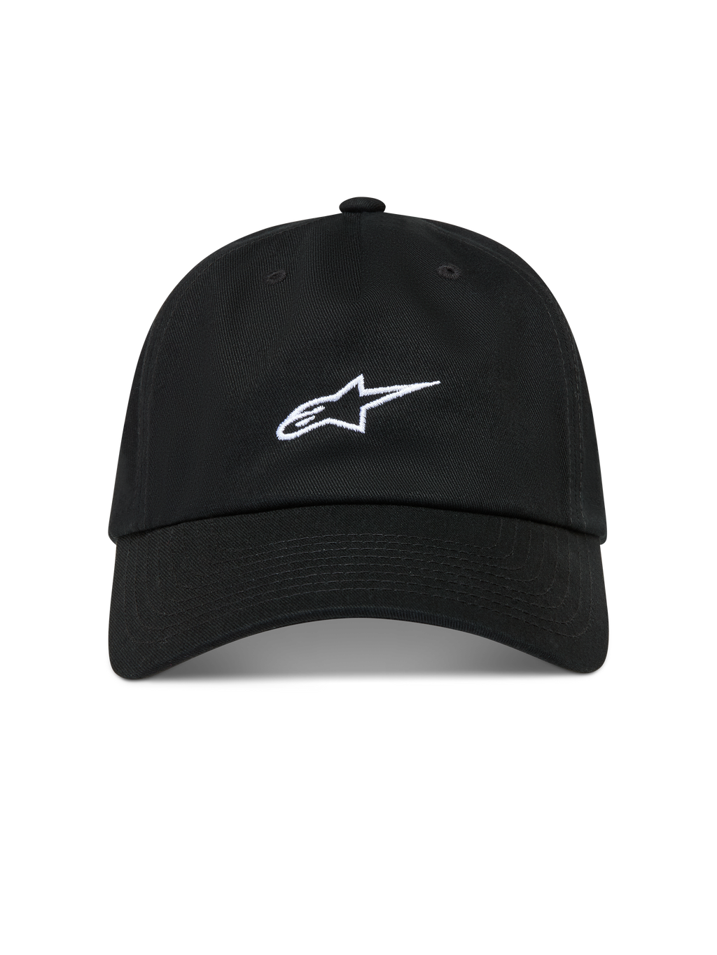 Alpinestars Dylan Dad Kappe, schwarze Sportswear-Kappe aus Baumwoll-Twill mit weißer Astars-Logo-Stickerei und gebogenem Schirm.