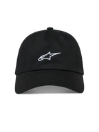 Alpinestars Dylan Dad Kappe, schwarze Sportswear-Kappe aus Baumwoll-Twill mit weißer Astars-Logo-Stickerei und gebogenem Schirm.