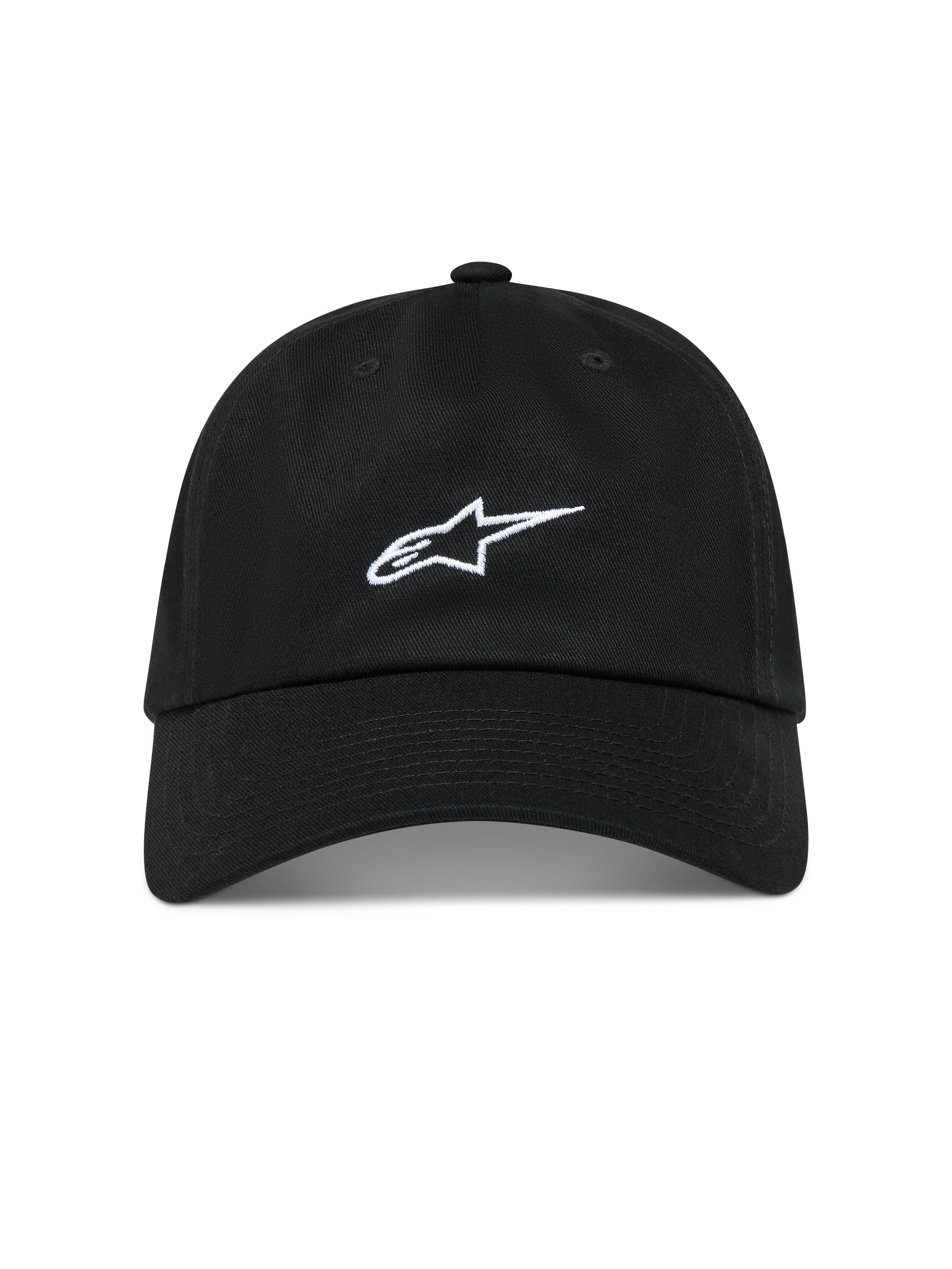 Alpinestars Dylan Dad Kappe, schwarze Sportswear-Kappe aus Baumwoll-Twill mit weißer Astars-Logo-Stickerei und gebogenem Schirm.