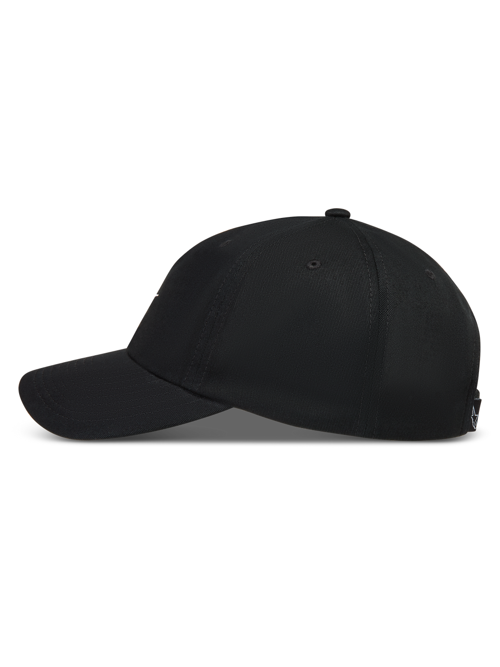 Alpinestars Dylan Dad Kappe, schwarze Sportswear-Kappe aus Twill, unstrukturierte Krone, gebogener Schirm, Seitenansicht.