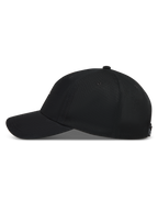 Alpinestars Dylan Dad Kappe, schwarze Sportswear-Kappe aus Twill, unstrukturierte Krone, gebogener Schirm, Seitenansicht.