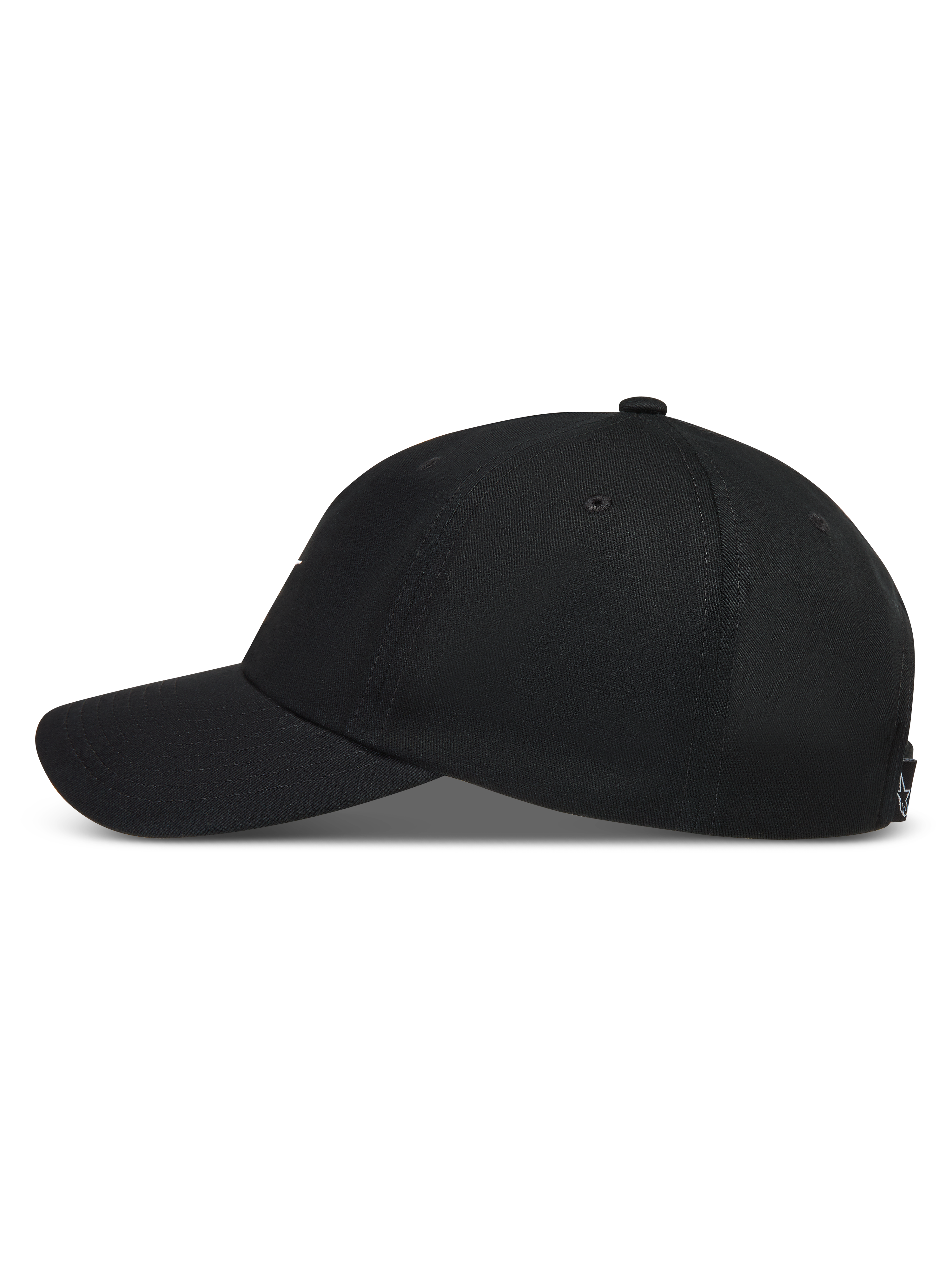 Alpinestars Dylan Dad Kappe, schwarze Sportswear-Kappe aus Twill, unstrukturierte Krone, gebogener Schirm, Seitenansicht.
