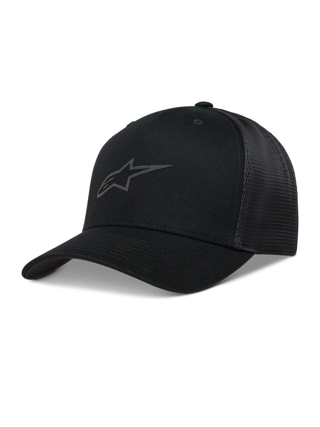 Alpinestars Augment Trucker-Mütze, schwarze Sportswear-Kappe mit gebogenem Schirm, Twill-Vorderseite, Diamond-Mesh-Rückseite und Puff-Druck-Logo.