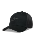 Alpinestars Augment Trucker-Mütze, schwarze Sportswear-Kappe mit gebogenem Schirm, Twill-Vorderseite, Diamond-Mesh-Rückseite und Puff-Druck-Logo.
