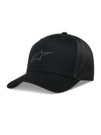 Alpinestars Augment Trucker-Mütze, schwarze Sportswear-Kappe mit gebogenem Schirm, Twill-Vorderseite, Diamond-Mesh-Rückseite und Puff-Druck-Logo.