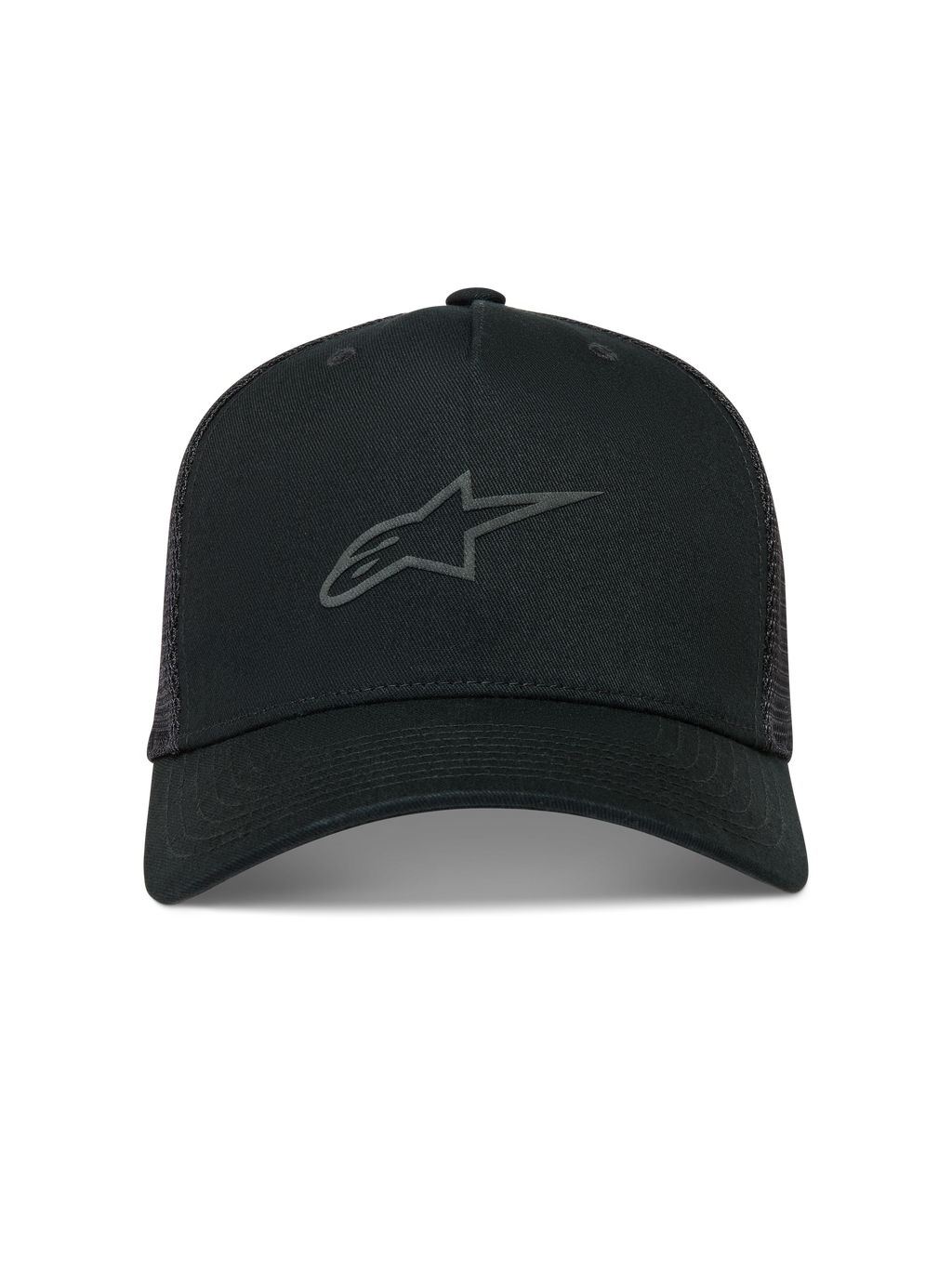 Alpinestars Augment Trucker-Mütze, schwarze Sportswear Mesh-Kappe mit gebogenem Schirm und strukturiertem Puff-Druck Astars-Logo.