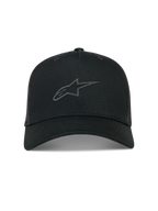 Alpinestars Augment Trucker-Mütze, schwarze Sportswear Mesh-Kappe mit gebogenem Schirm und strukturiertem Puff-Druck Astars-Logo.
