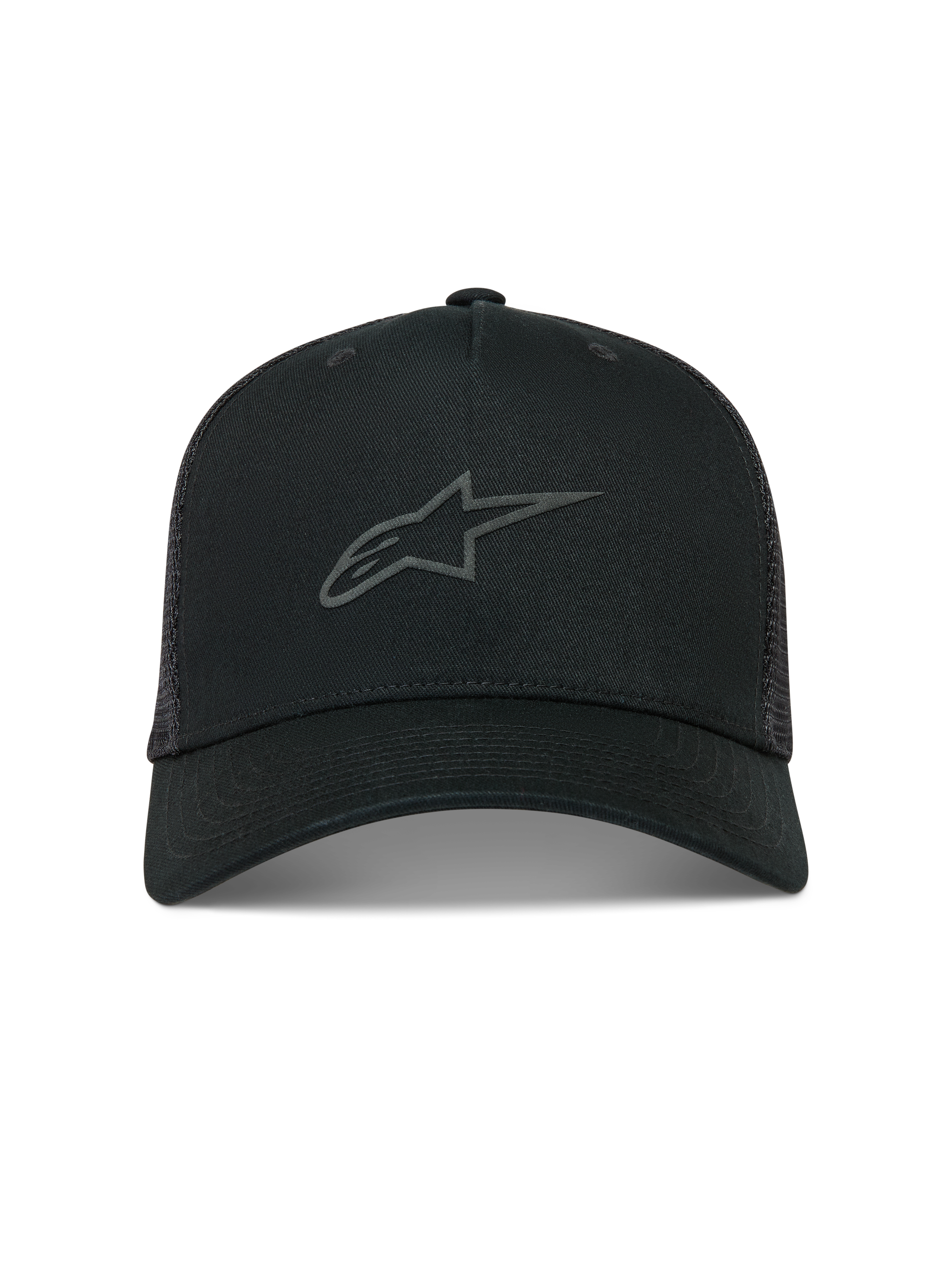 Alpinestars Augment Trucker-Mütze, schwarze Sportswear Mesh-Kappe mit gebogenem Schirm und strukturiertem Puff-Druck Astars-Logo.