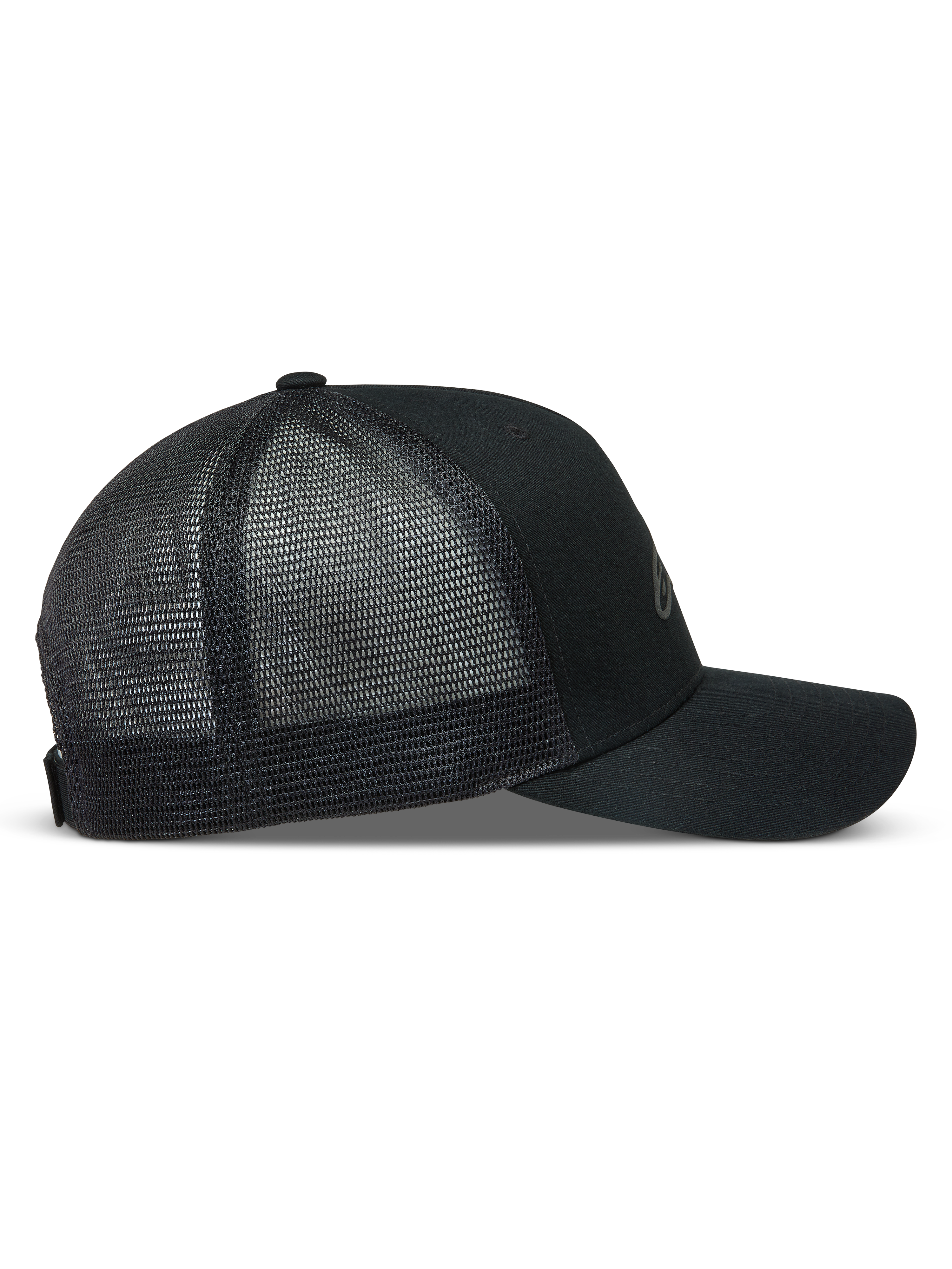 Alpinestars Augment Trucker-Mütze, schwarze Sportswear-Kappe mit gebogenem Schirm, Twill-Front und Mesh-Rückseite.