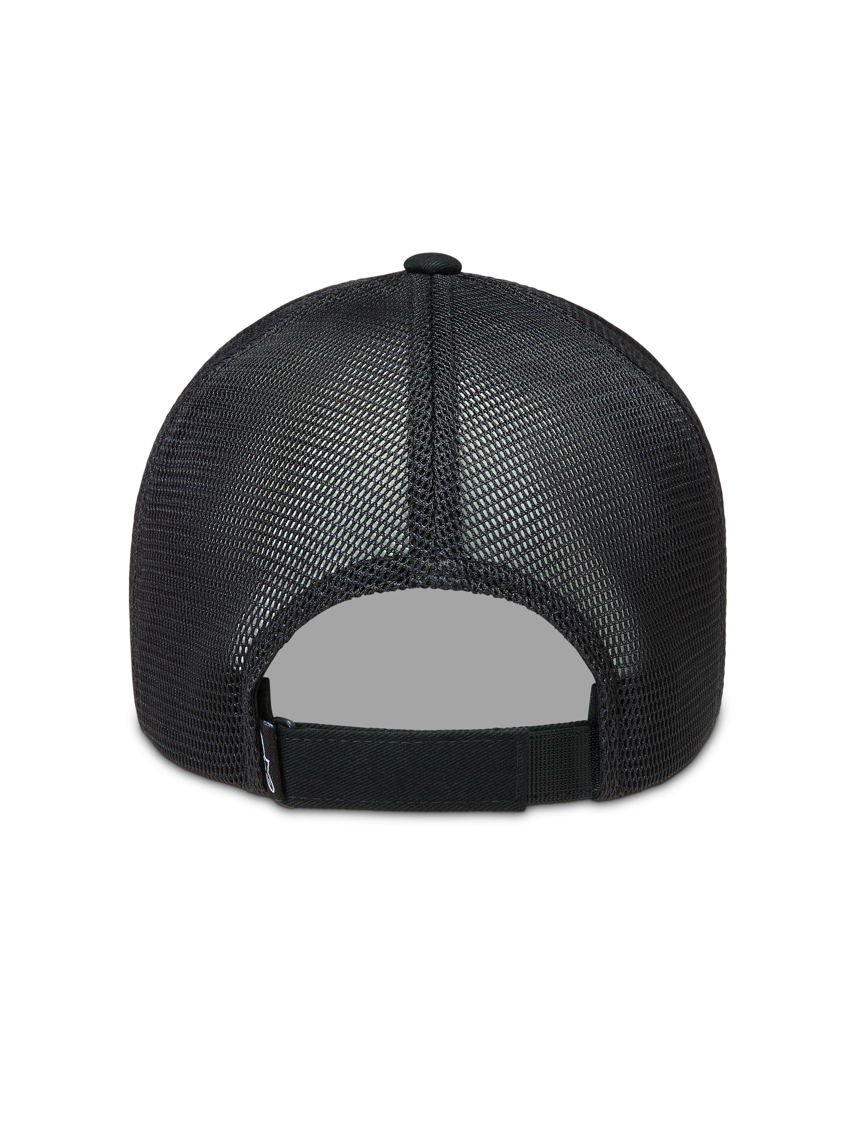 Alpinestars Augment Trucker-Mütze, schwarze Sportswear-Kappe, Rückansicht mit Poly-Diamant-Mesh und verstellbarem Verschluss.