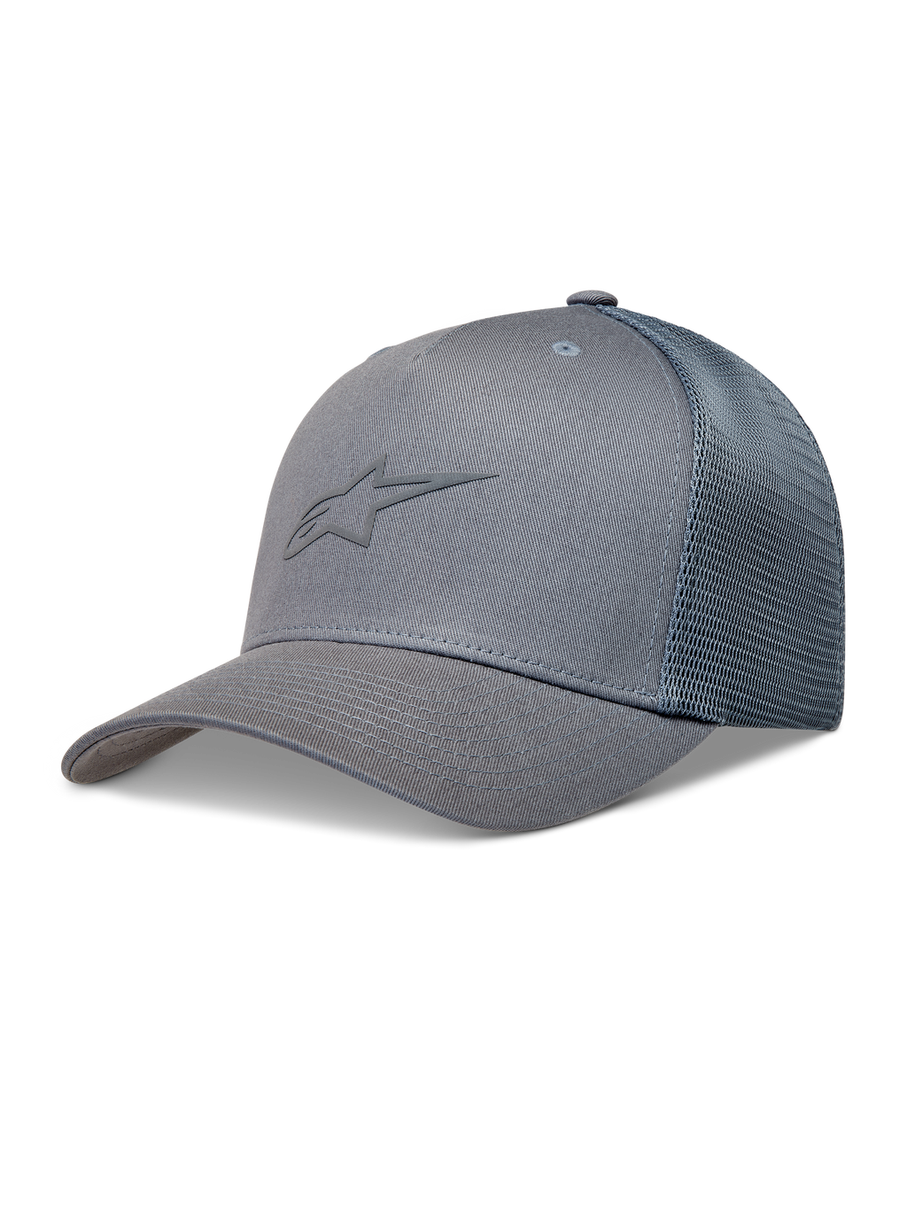 Alpinestars Augment Trucker-Mütze, graue Sportswear-Kappe mit Astars-Logo, gebogenem Schirm und Diamant-Mesh-Rückseite.