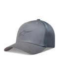 Alpinestars Augment Trucker-Mütze, graue Sportswear-Kappe mit Astars-Logo, gebogenem Schirm und Diamant-Mesh-Rückseite.