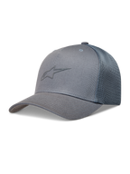 Alpinestars Augment Trucker-Mütze, graue Sportswear-Kappe mit Astars-Logo, gebogenem Schirm und Diamant-Mesh-Rückseite.