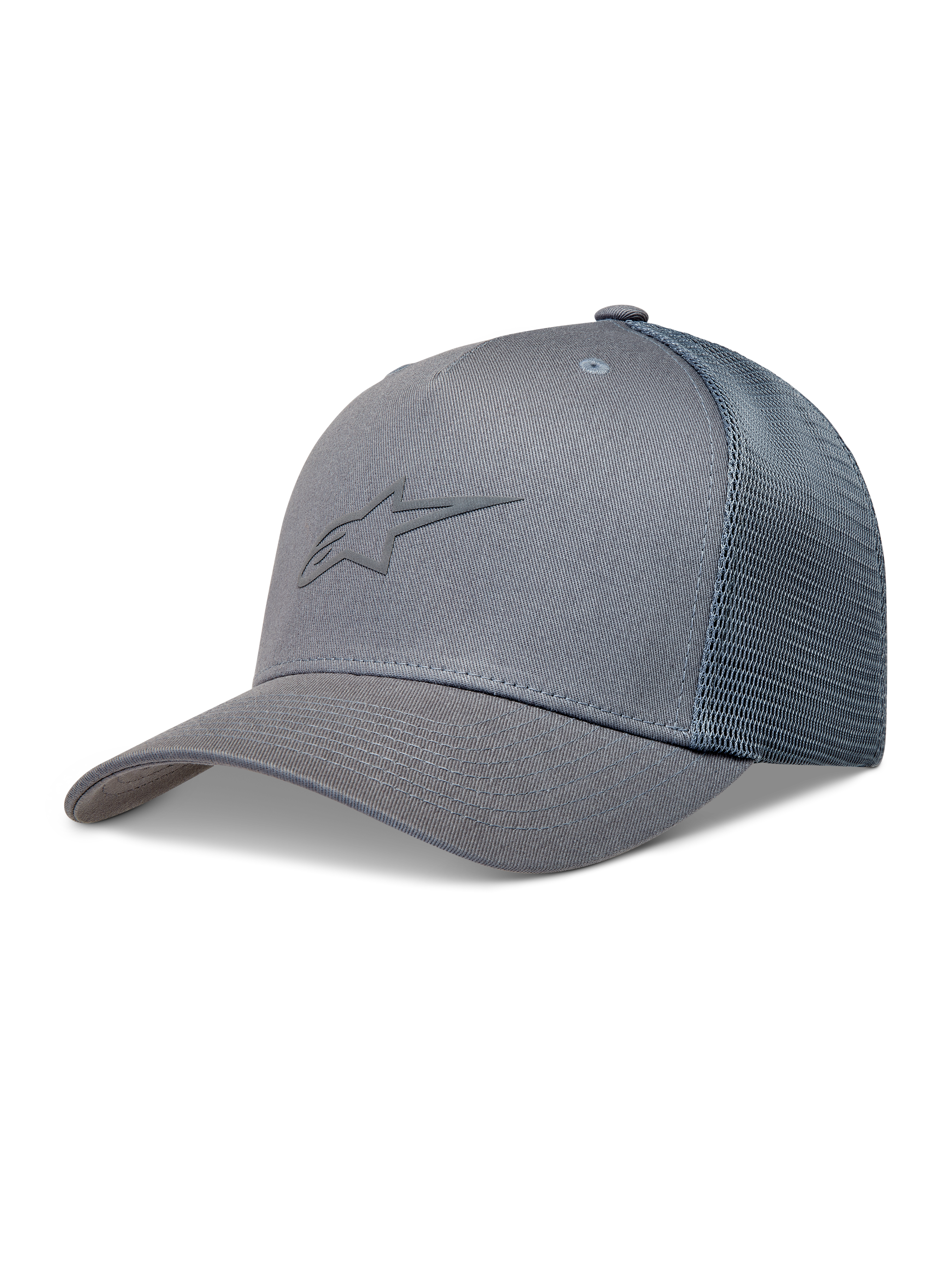 Alpinestars Augment Trucker-Mütze, graue Sportswear-Kappe mit Astars-Logo, gebogenem Schirm und Diamant-Mesh-Rückseite.