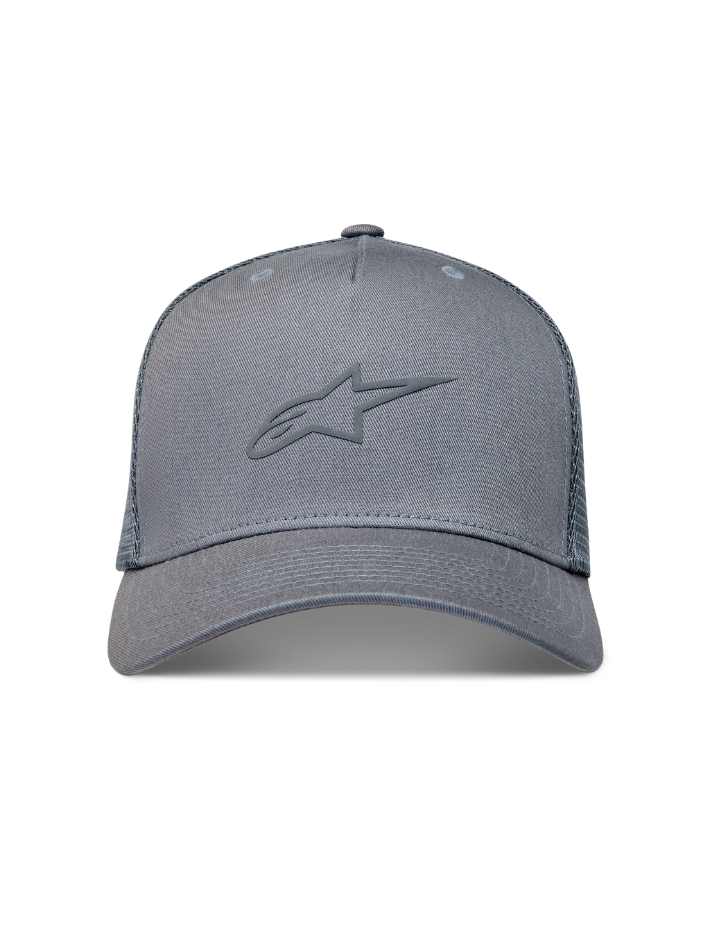Alpinestars Augment Trucker-Mütze, graue Kappe mit Puff-Druck-Logo, gebogenem Schirm und Diamond-Mesh-Rückseite.