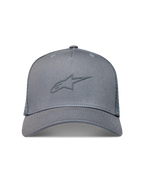 Alpinestars Augment Trucker-Mütze, graue Kappe mit Puff-Druck-Logo, gebogenem Schirm und Diamond-Mesh-Rückseite.
