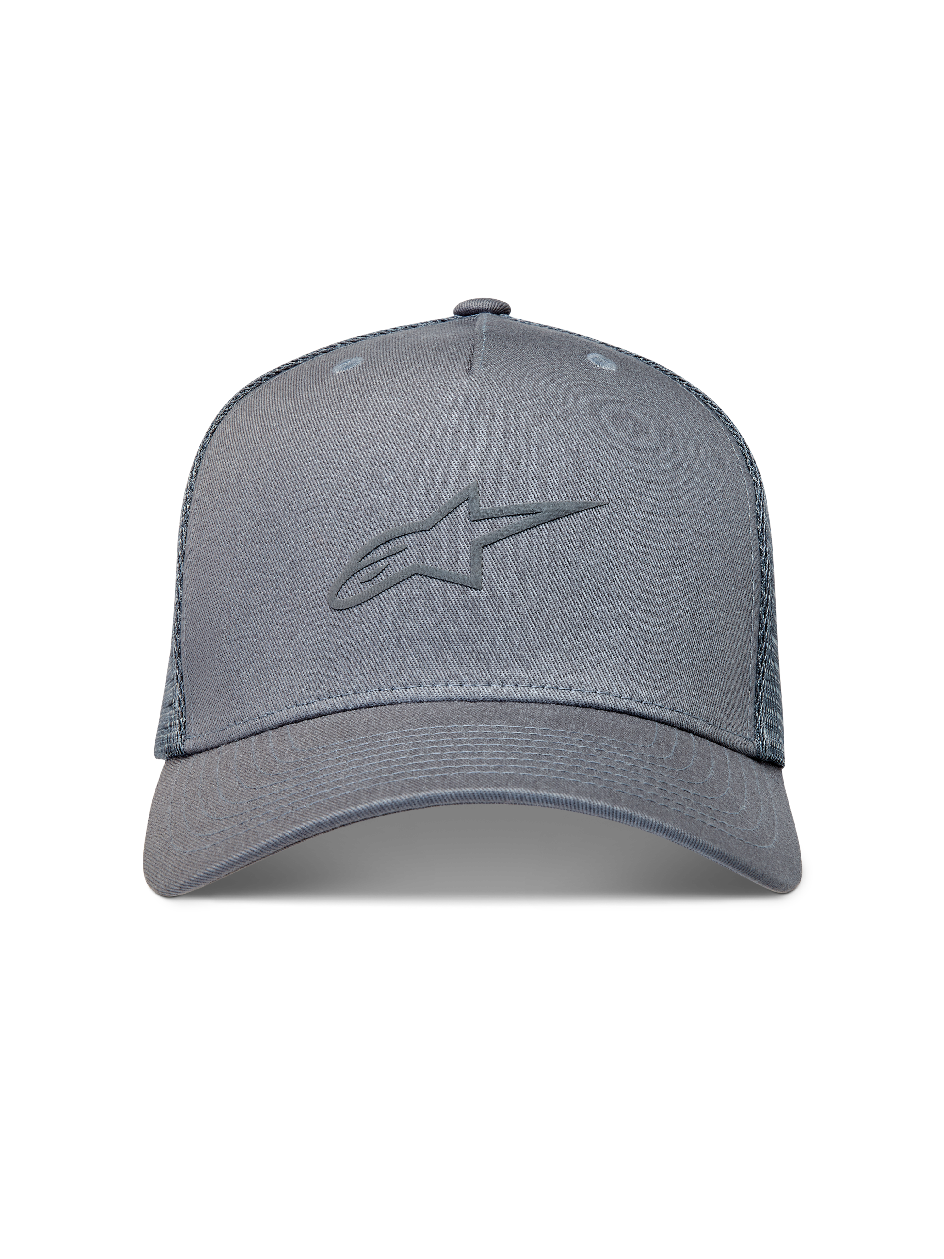 Alpinestars Augment Trucker-Mütze, graue Kappe mit Puff-Druck-Logo, gebogenem Schirm und Diamond-Mesh-Rückseite.