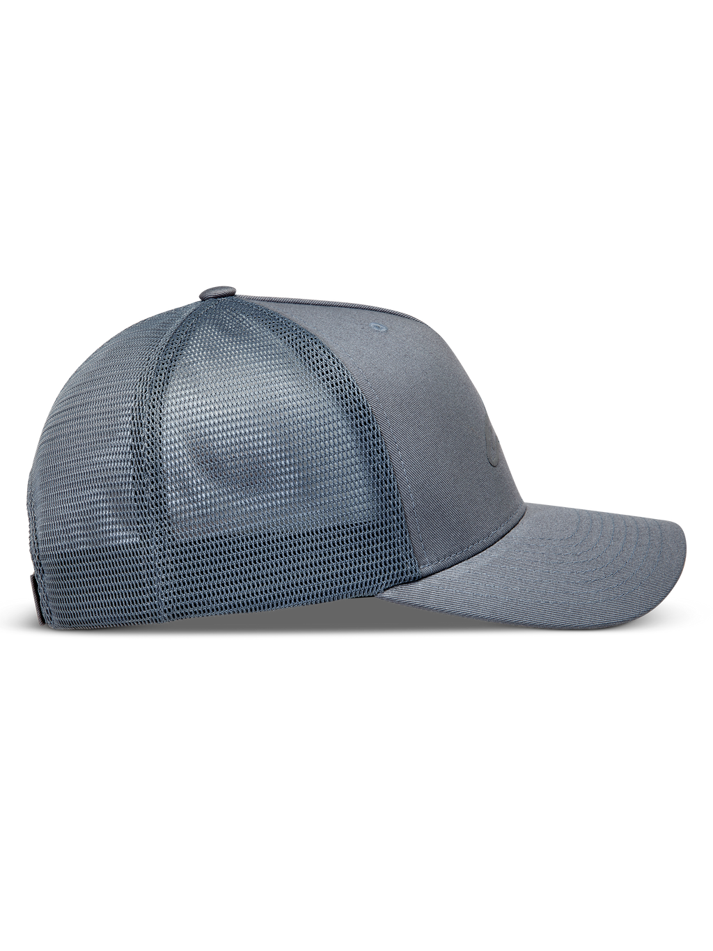 Alpinestars Augment Trucker-Mütze, graue Sportswear-Kappe mit atmungsaktivem Mesh-Rücken und gebogenem Schirm, Seitenansicht.