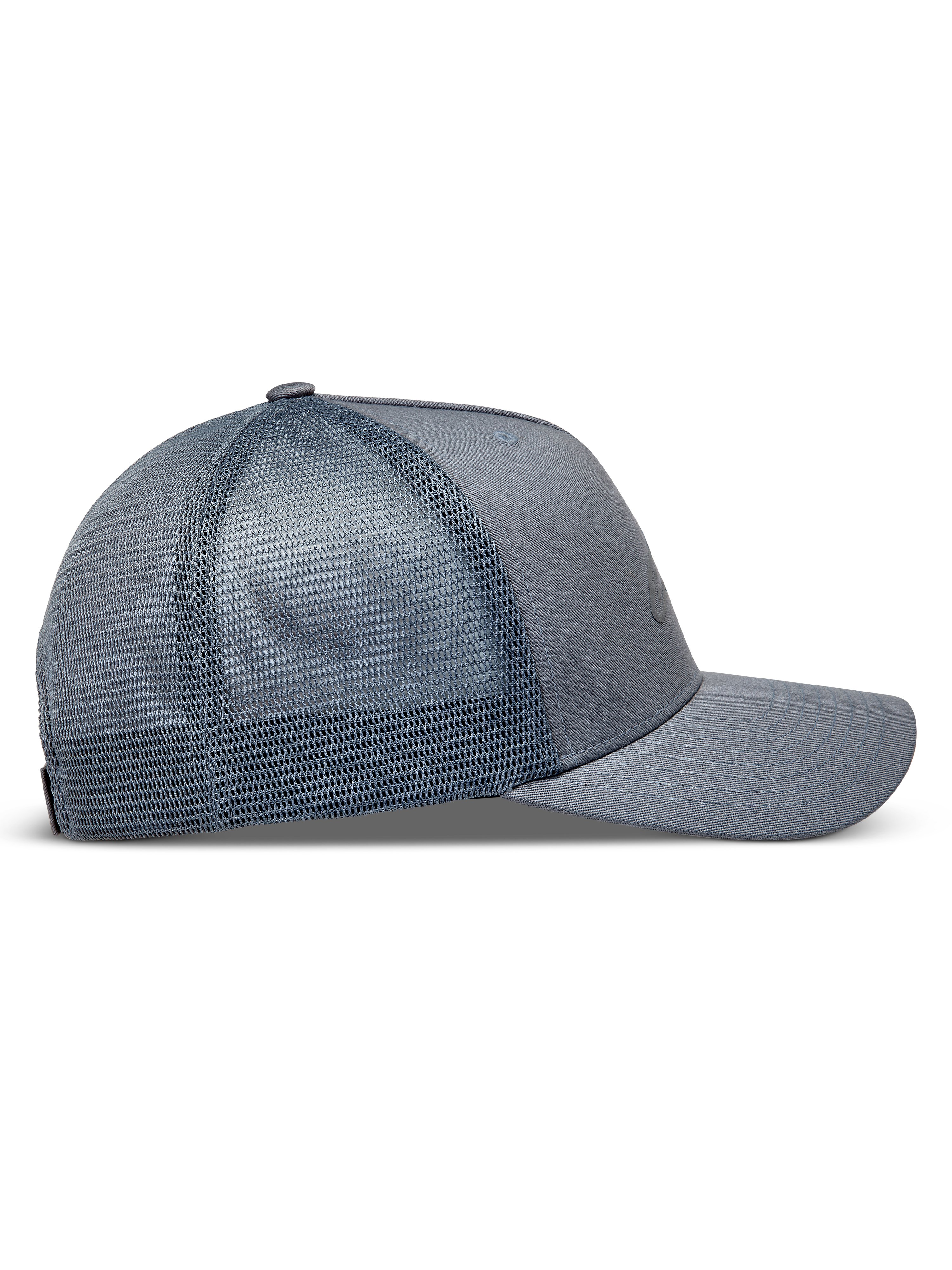 Alpinestars Augment Trucker-Mütze, graue Sportswear-Kappe mit atmungsaktivem Mesh-Rücken und gebogenem Schirm, Seitenansicht.