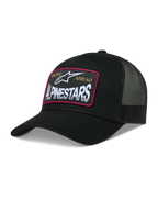Alpinestars Hemmings Trucker-Mütze, schwarze Mesh-Kappe mit gewebtem Logo-Patch, rotem Rand und Twill-Front.