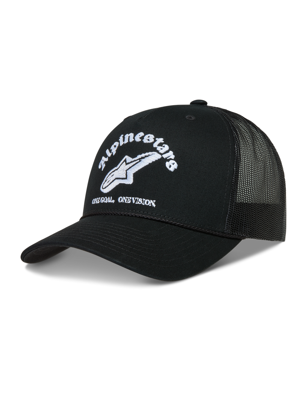 Alpinestars Baron Trucker-Mütze, schwarze Kappe mit weißem gesticktem Logo, gebogenem Schirm und Mesh-Rückseite.