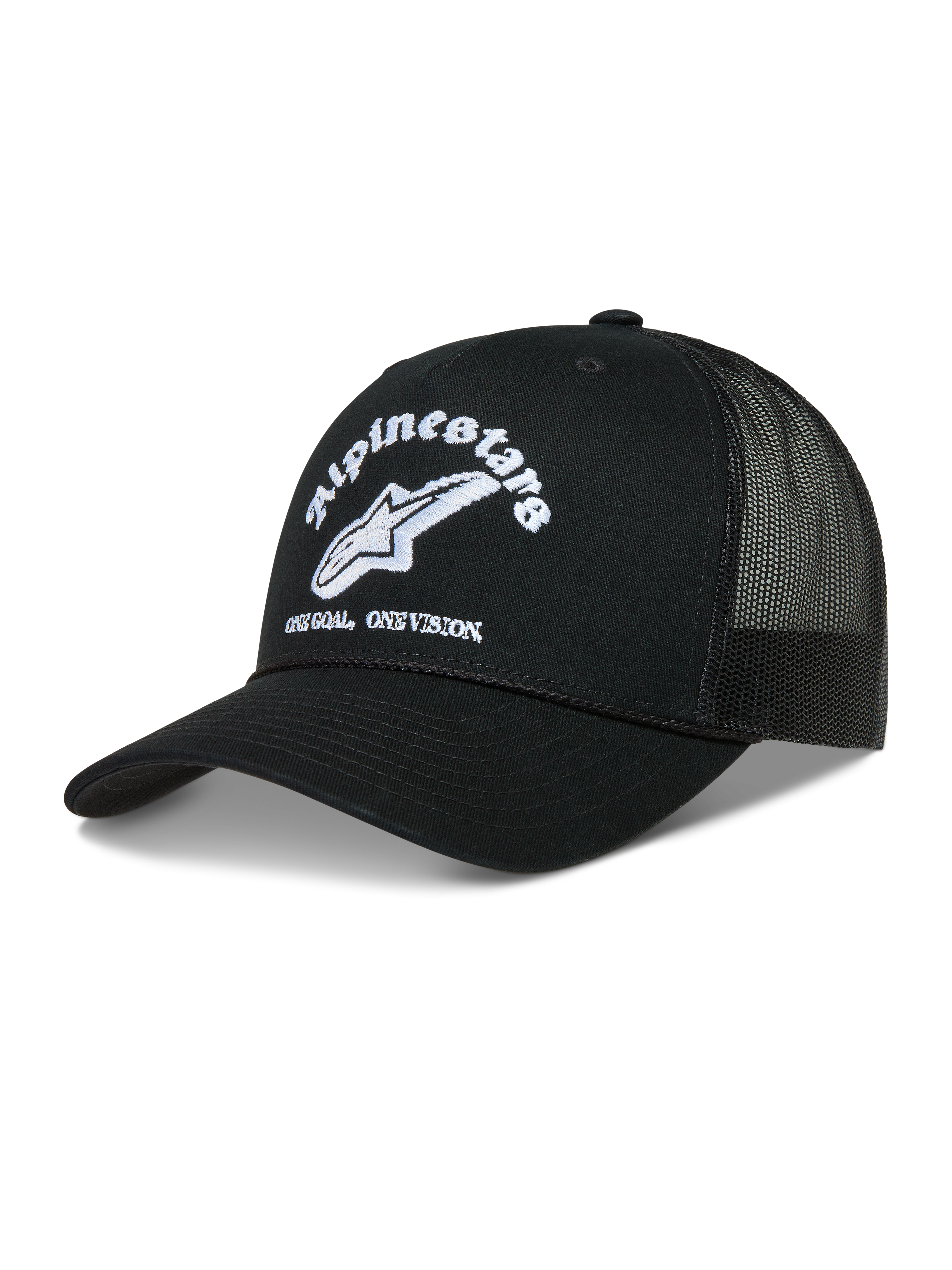 Alpinestars Baron Trucker-Mütze, schwarze Kappe mit weißem gesticktem Logo, gebogenem Schirm und Mesh-Rückseite.