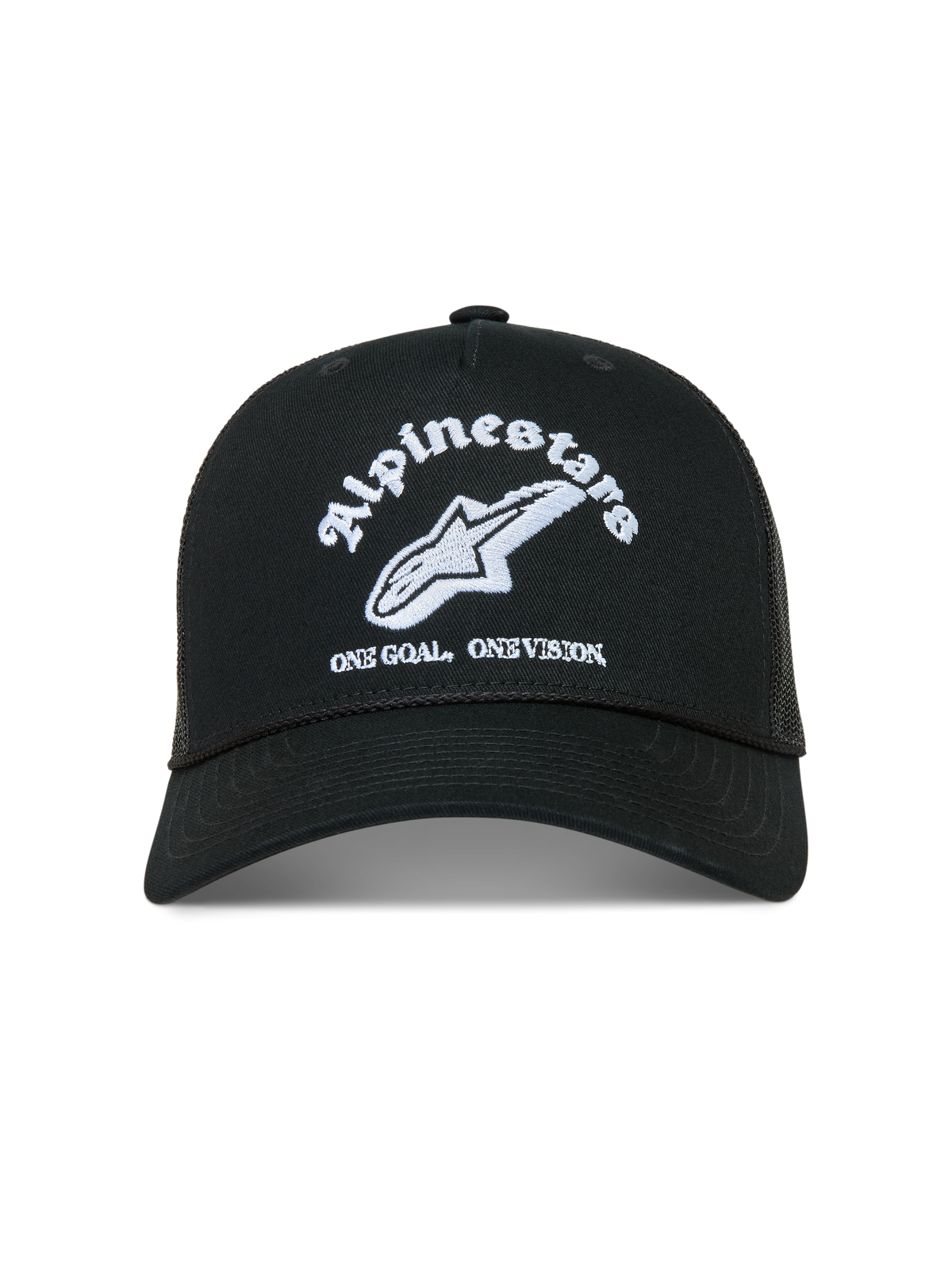 Alpinestars Baron Trucker-Mütze, schwarze Sportswear-Kappe mit weißer Logo-Stickerei, gebogenem Schirm und Mesh-Rückseite.