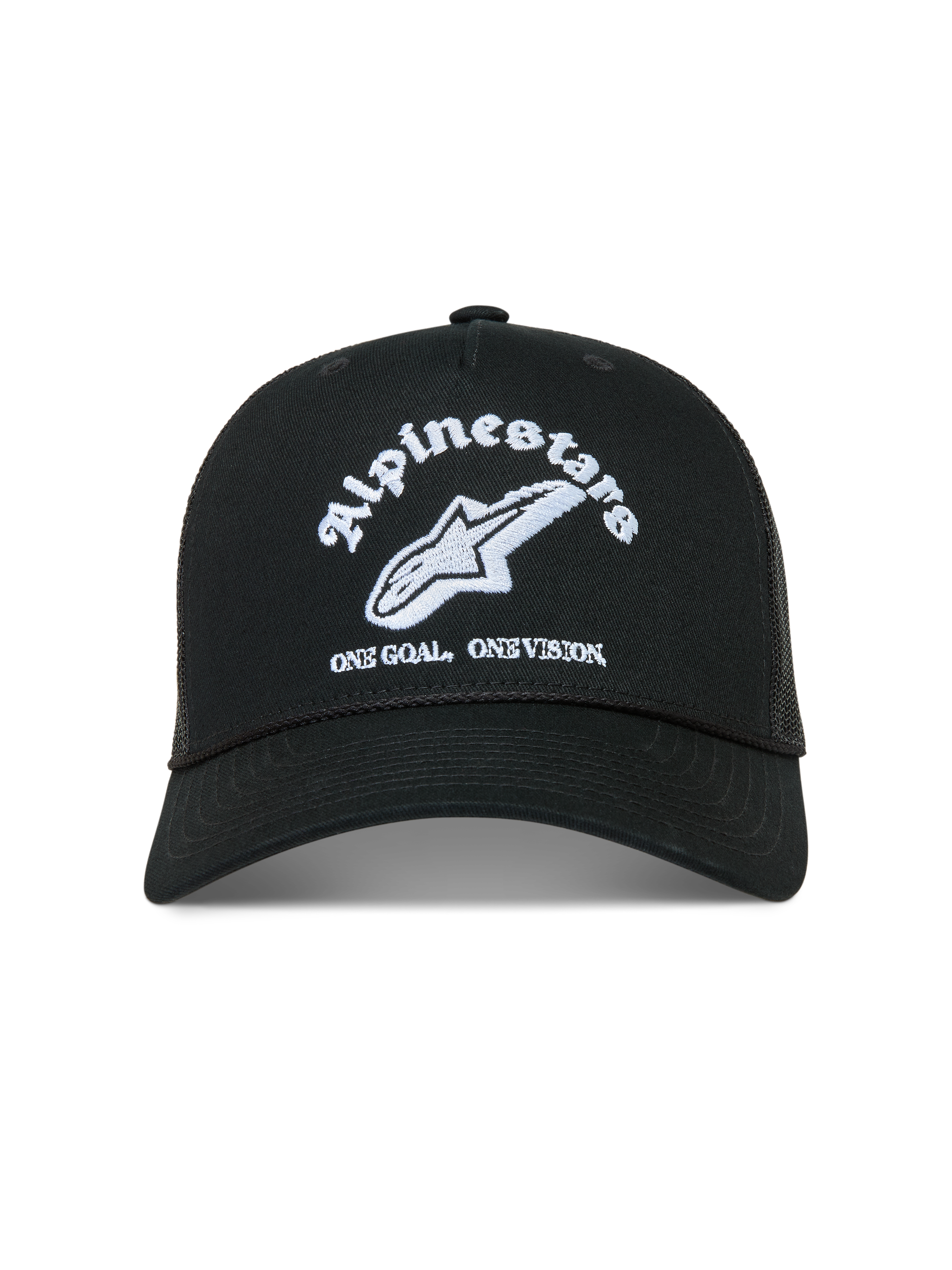 Alpinestars Baron Trucker-Mütze, schwarze Sportswear-Kappe mit weißer Logo-Stickerei, gebogenem Schirm und Mesh-Rückseite.